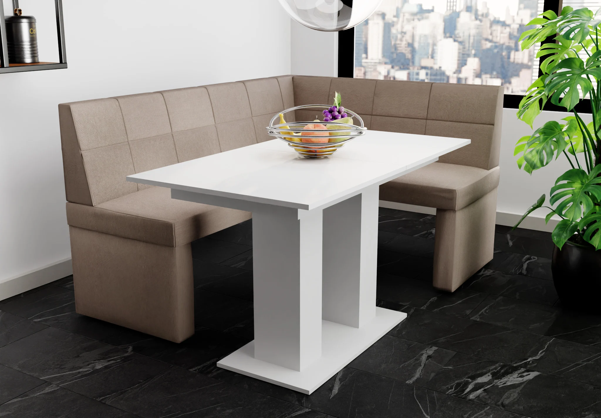 Eckbankgruppe 196x142 cm BLAKE XL L Stoff Soro Taupe / Esstisch DANTE Weiß - Fun Möbel