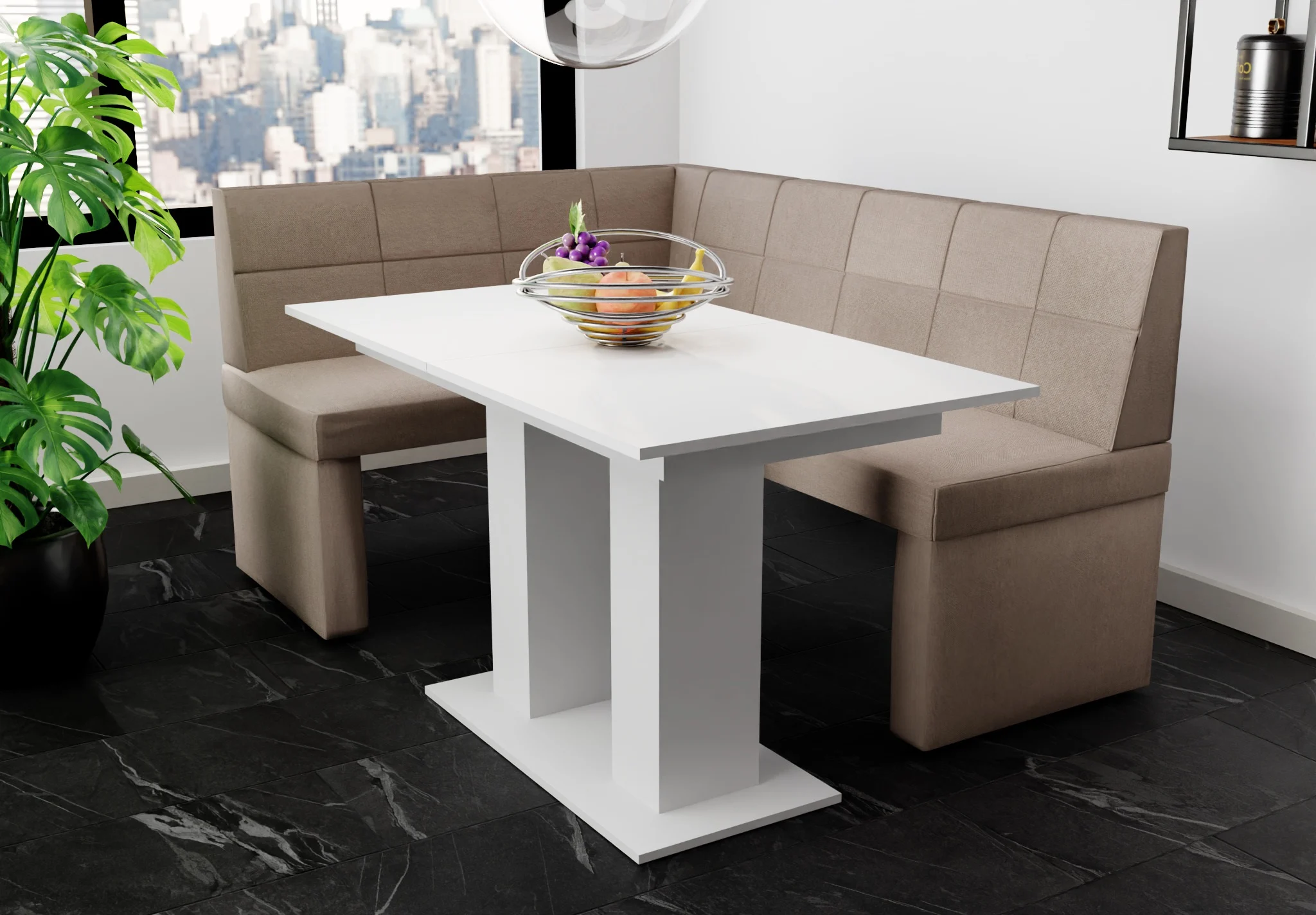 Eckbankgruppe 196x142 cm BLAKE XL R Stoff Soro Taupe / Esstisch DANTE Weiß - Fun Möbel