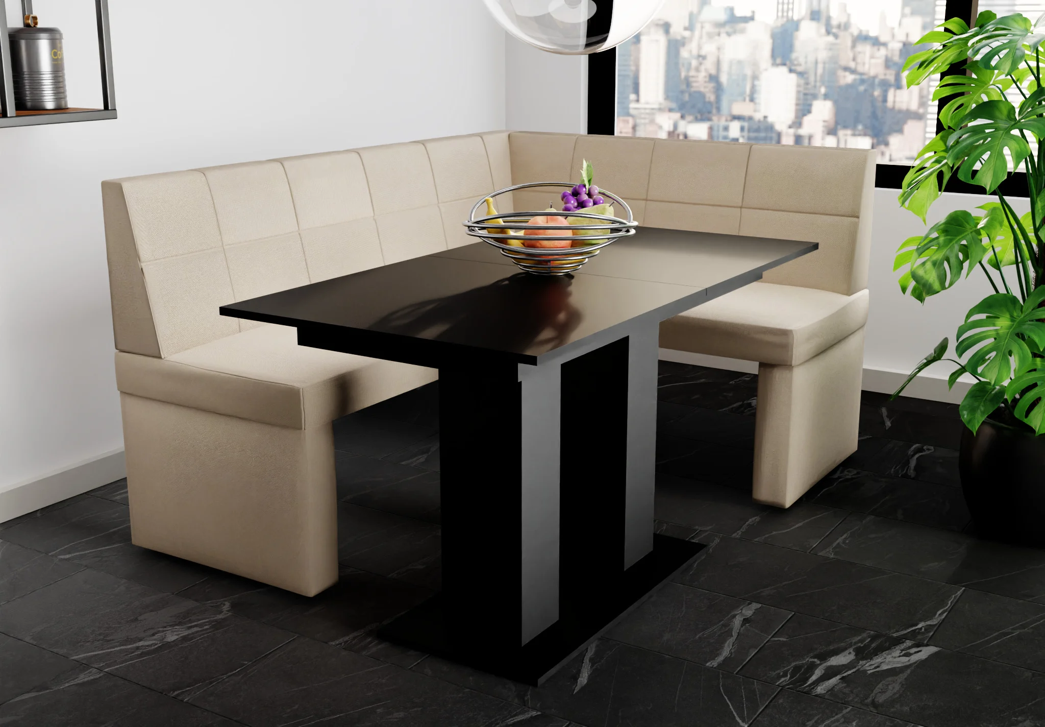 Eckbankgruppe 196x142 cm BLAKE XL L Stoff Soro Creme / Esstisch DANTE Schwarz - Fun Möbel