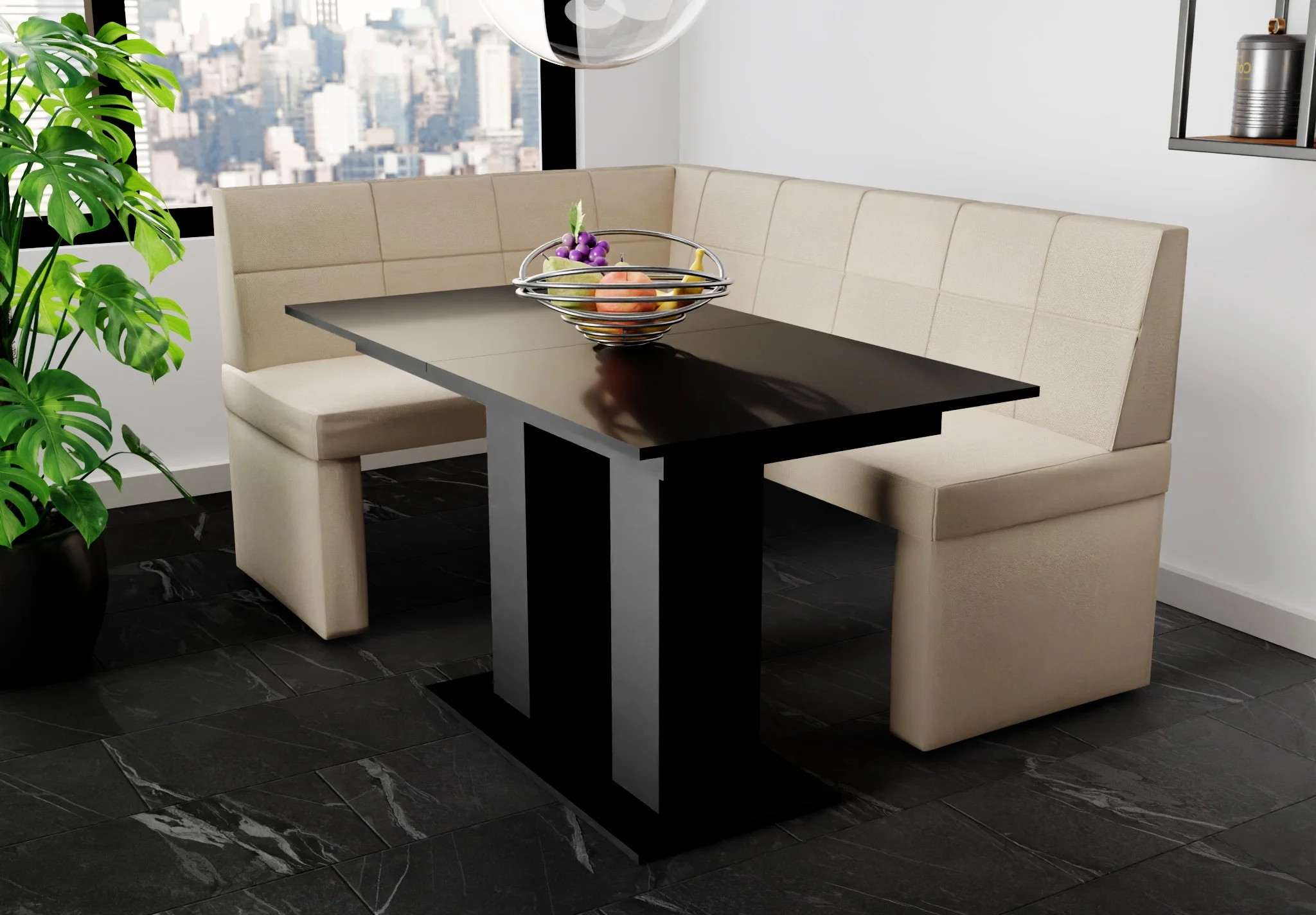Eckbankgruppe 196x142 cm BLAKE XL R Stoff Soro Creme / Esstisch DANTE Schwarz - Fun Möbel