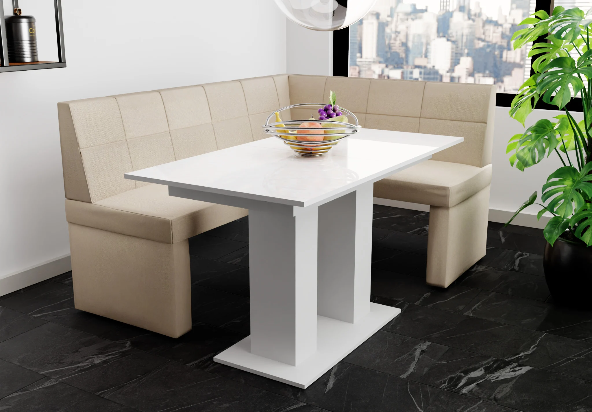 Eckbankgruppe 196x142 cm BLAKE XL L Stoff Soro Creme / Esstisch DANTE Weiß HGL - Fun Möbel