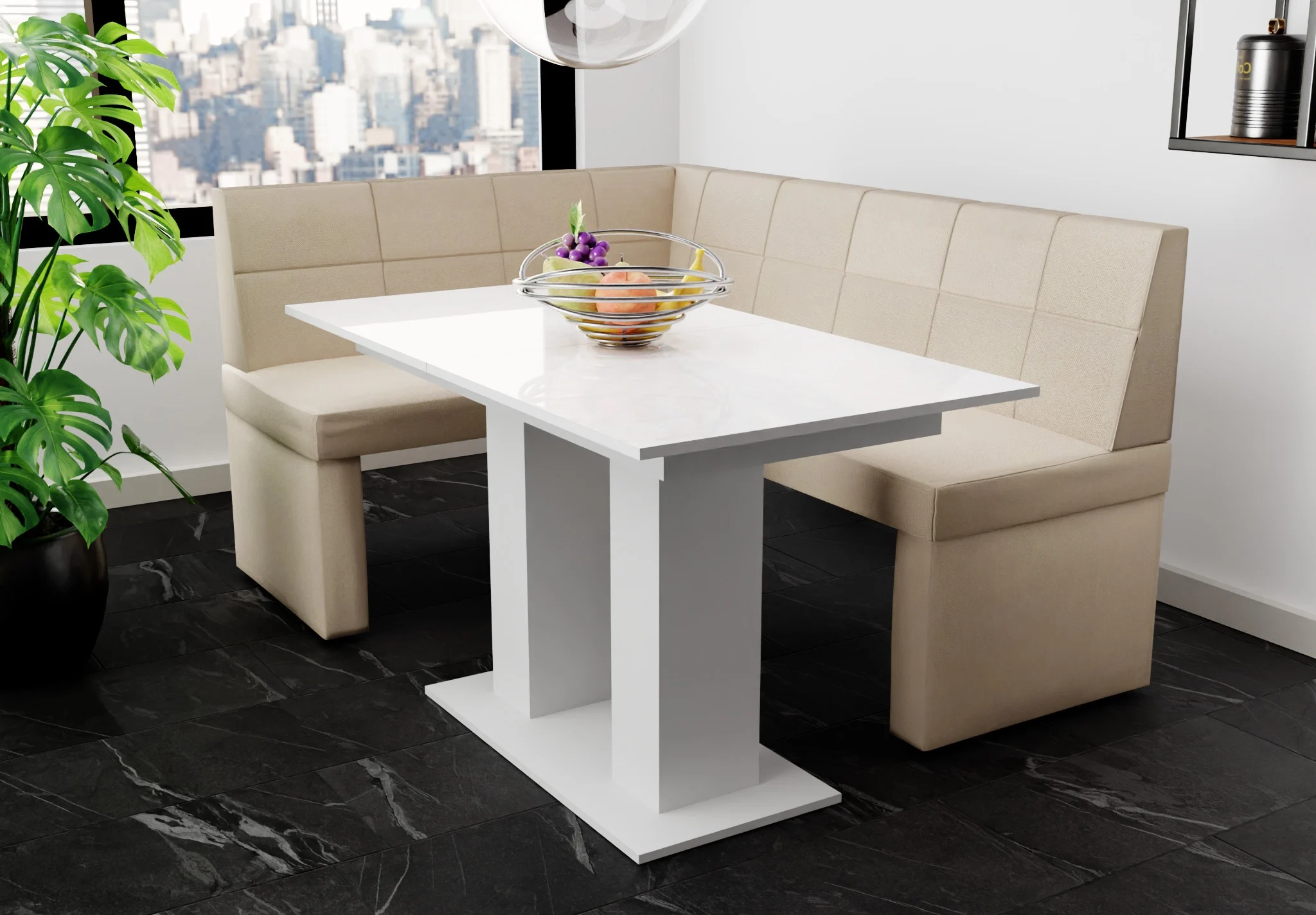 Eckbankgruppe 196x142 cm BLAKE XL R Stoff Soro Creme / Esstisch DANTE Weiß HGL - Fun Möbel