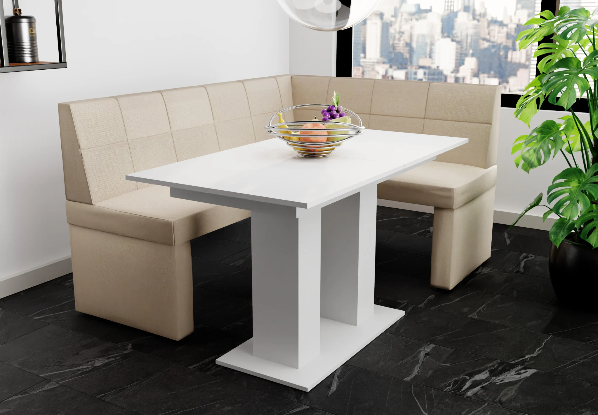 Eckbankgruppe 196x142 cm BLAKE XL L Stoff Soro Creme / Esstisch DANTE Weiß - Fun Möbel