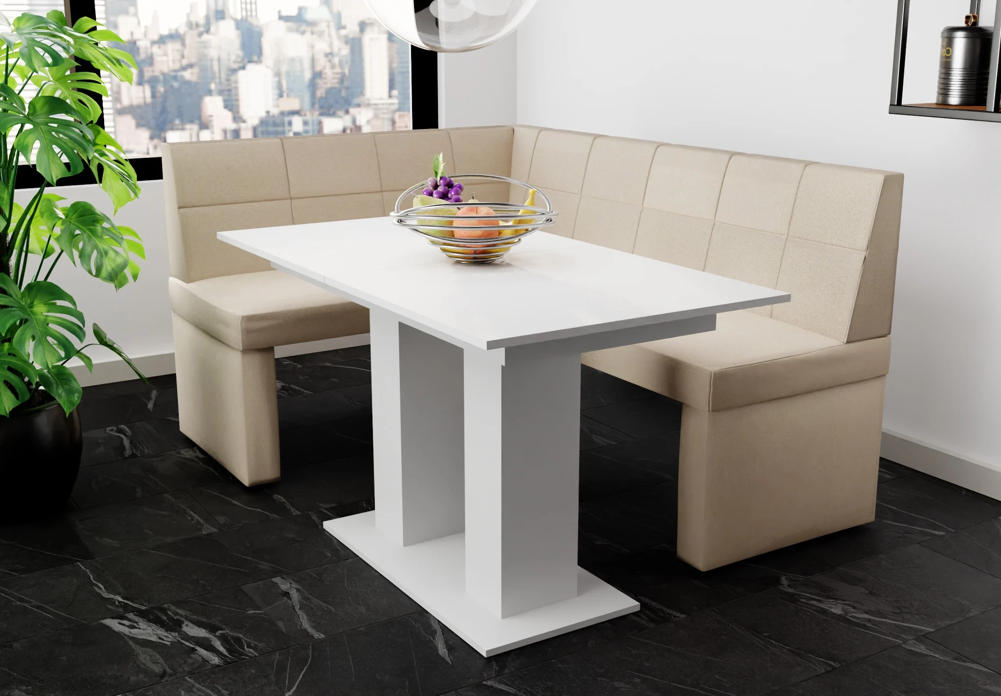Eckbankgruppe 196x142 cm BLAKE XL R Stoff Soro Creme / Esstisch DANTE Weiß - Fun Möbel