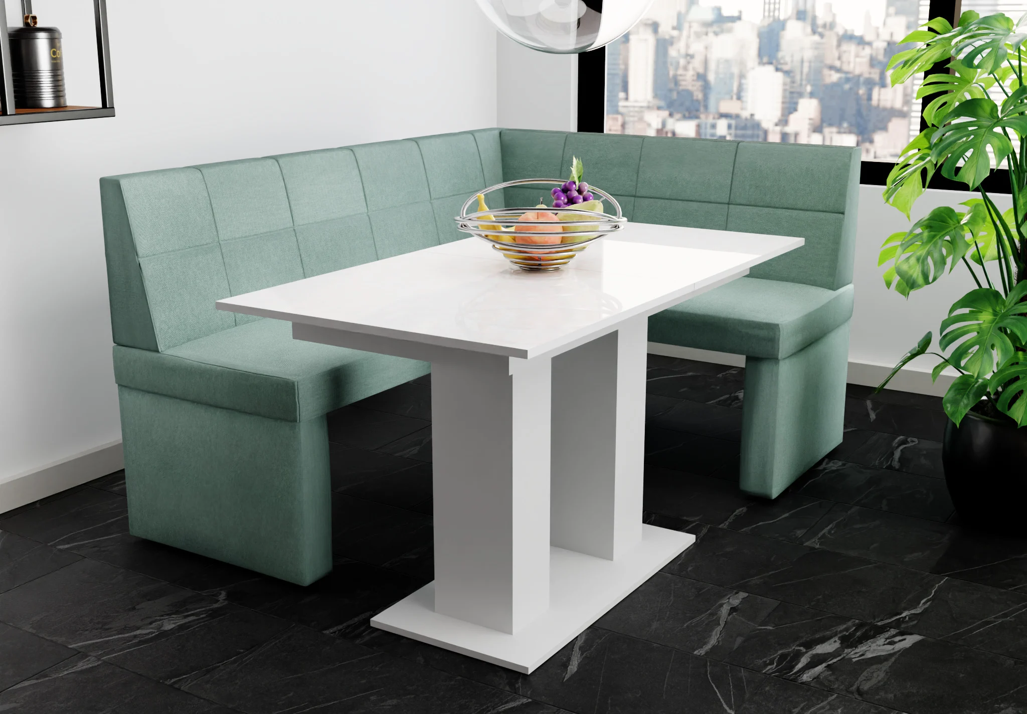 Eckbankgruppe 196x142 cm BLAKE XL L Stoff Soro Türkis / Esstisch DANTE Weiß HGL - Fun Möbel