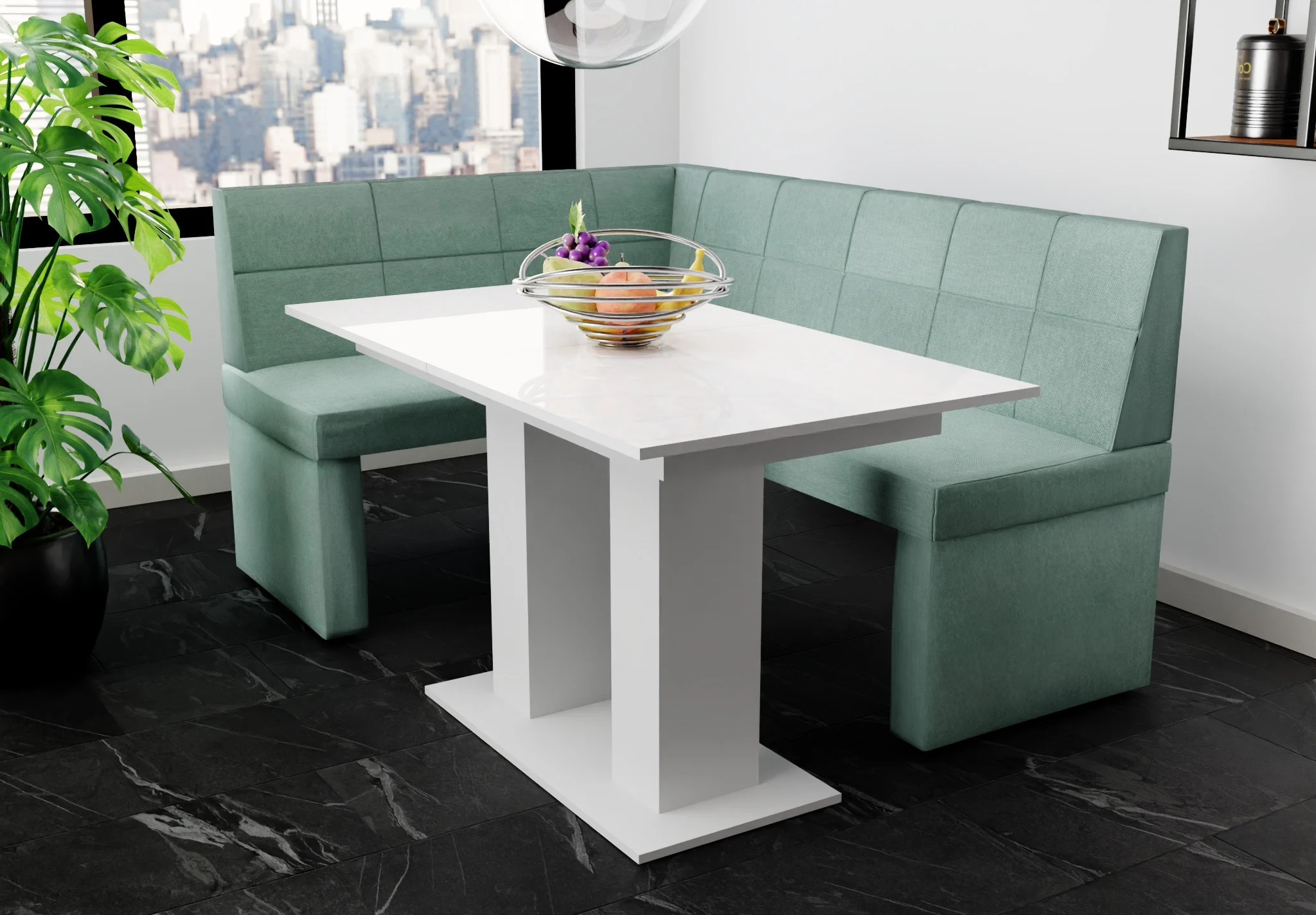 Eckbankgruppe 196x142 cm BLAKE XL R Stoff Soro Türkis / Esstisch DANTE Weiß HGL - Fun Möbel