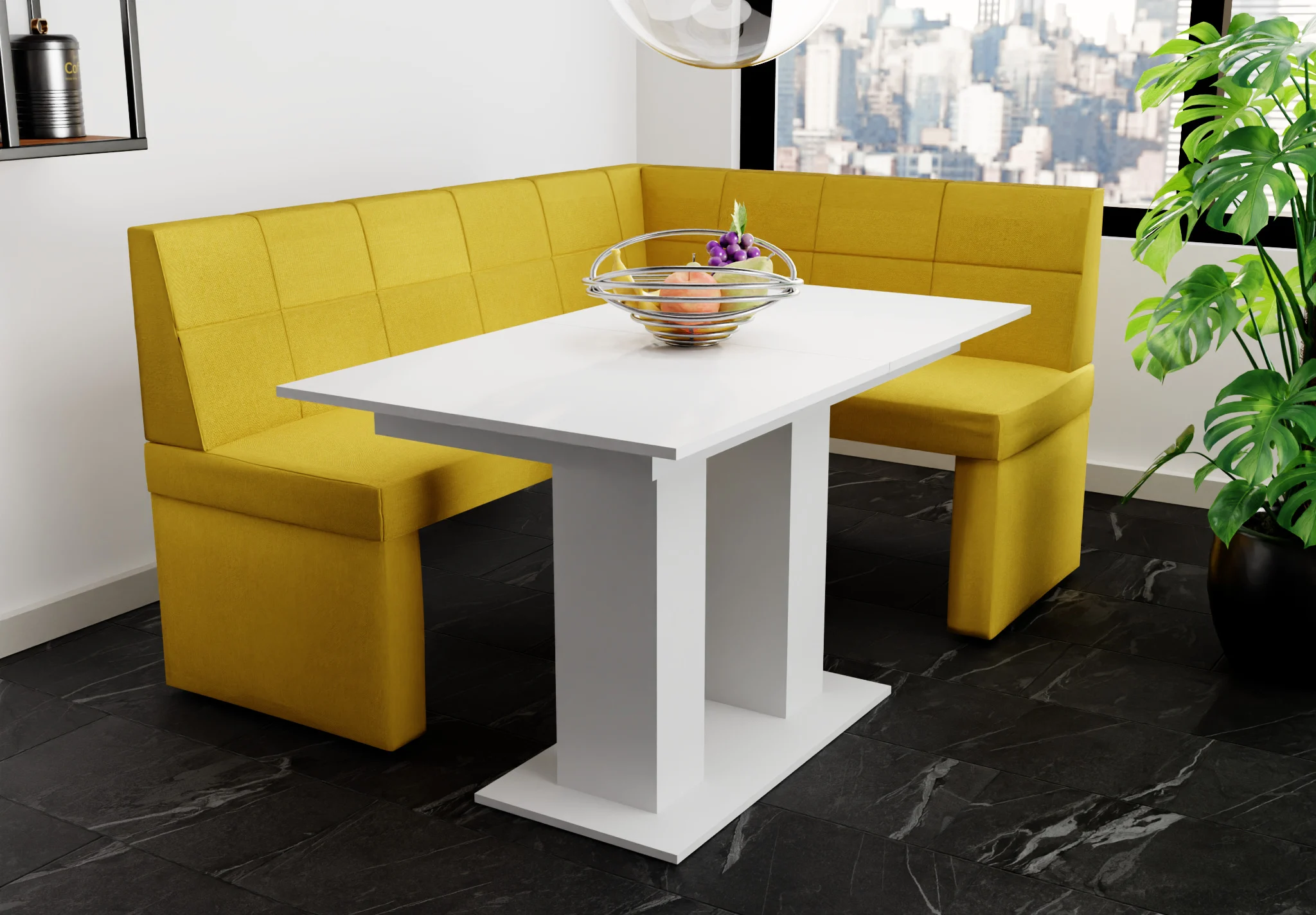 Eckbankgruppe 196x142 cm BLAKE XL L Stoff Soro Gelb / Esstisch DANTE Weiß - Fun Möbel