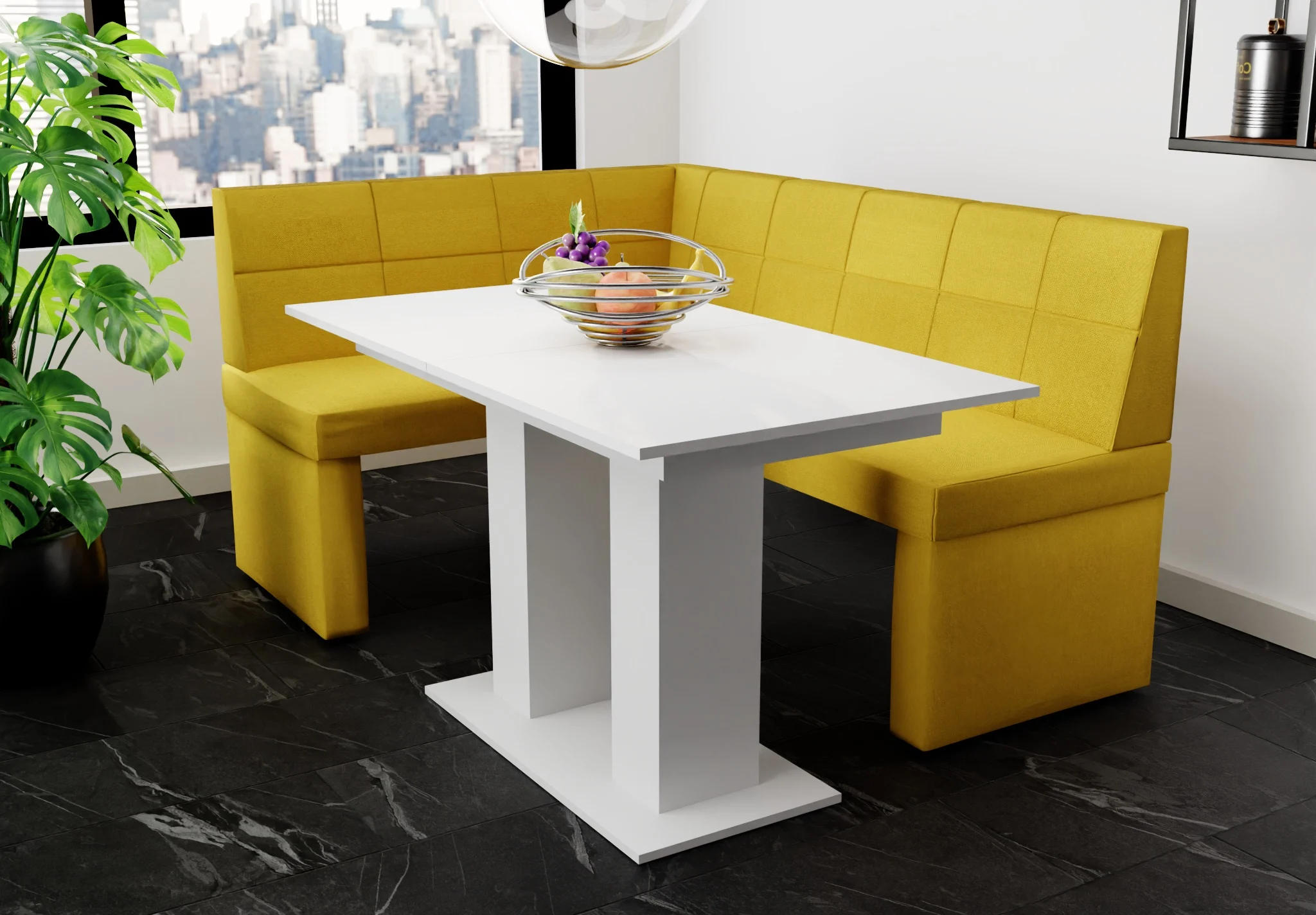 Eckbankgruppe 196x142 cm BLAKE XL R Stoff Soro Gelb / Esstisch DANTE Weiß - Fun Möbel