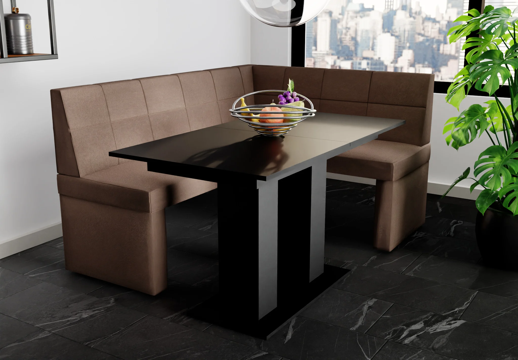 Eckbankgruppe 196x142 cm BLAKE XL L Stoff Soro Braun / Esstisch DANTE Schwarz - Fun Möbel