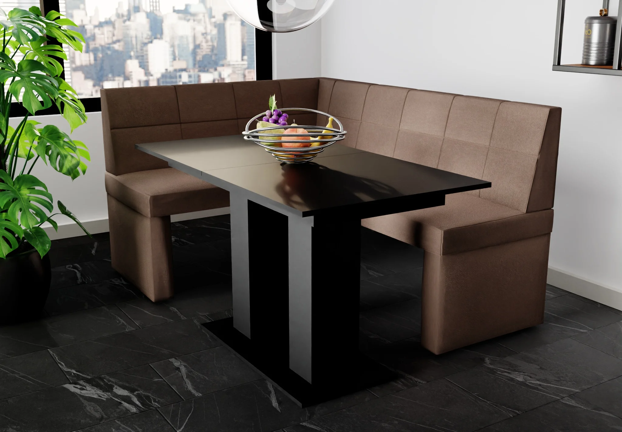 Eckbankgruppe 196x142 cm BLAKE XL R Stoff Soro Braun / Esstisch DANTE Schwarz - Fun Möbel