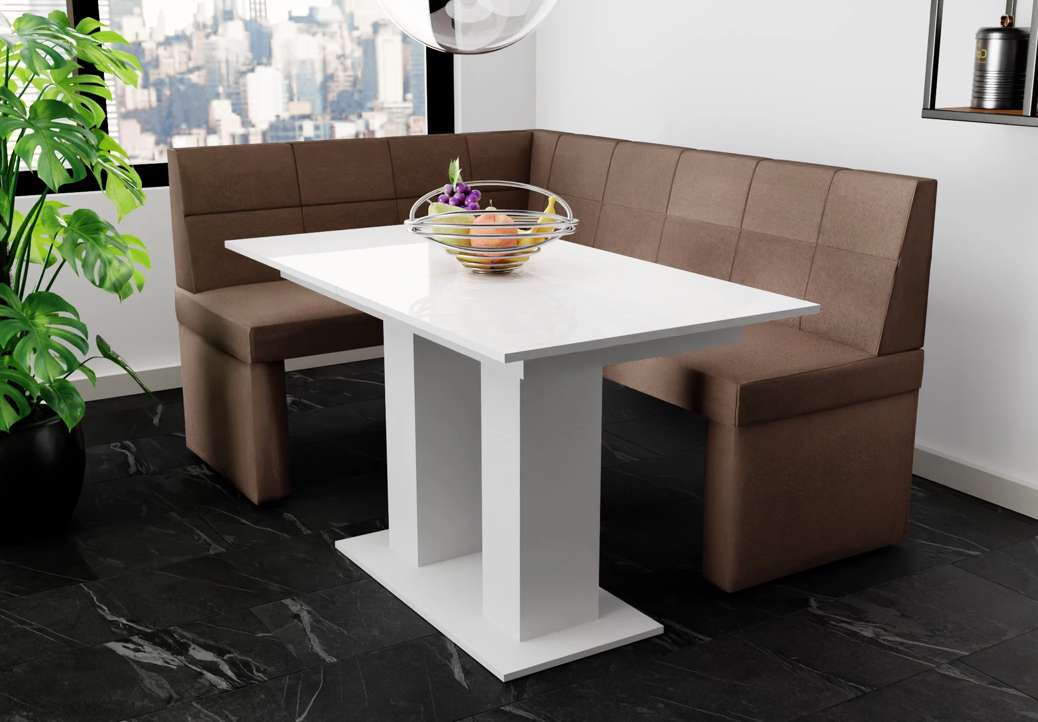 Eckbankgruppe 196x142 cm BLAKE XL R Stoff Soro Braun / Esstisch DANTE Weiß HGL - Fun Möbel
