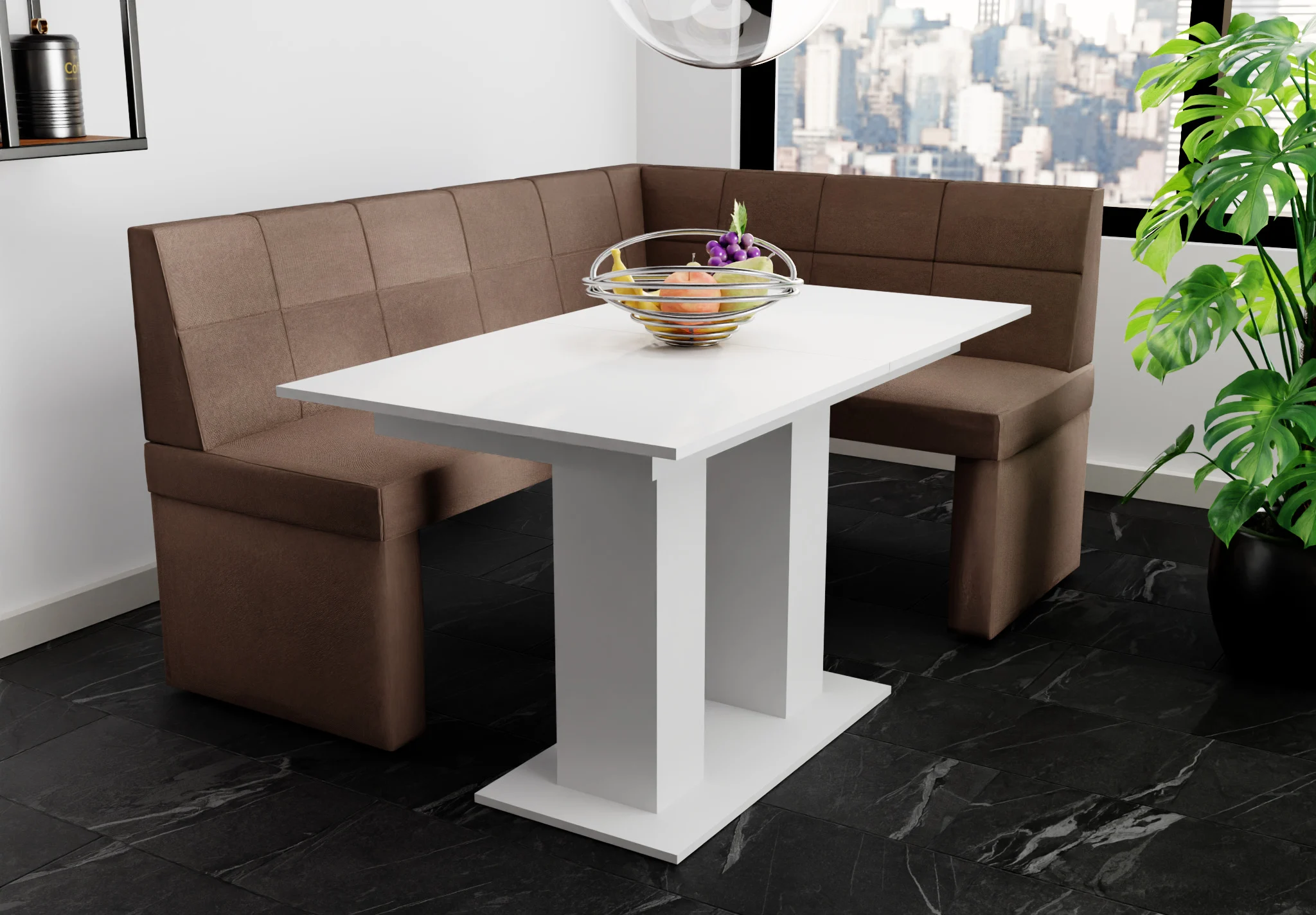 Eckbankgruppe 196x142 cm BLAKE XL L Stoff Soro Braun / Esstisch DANTE Weiß - Fun Möbel