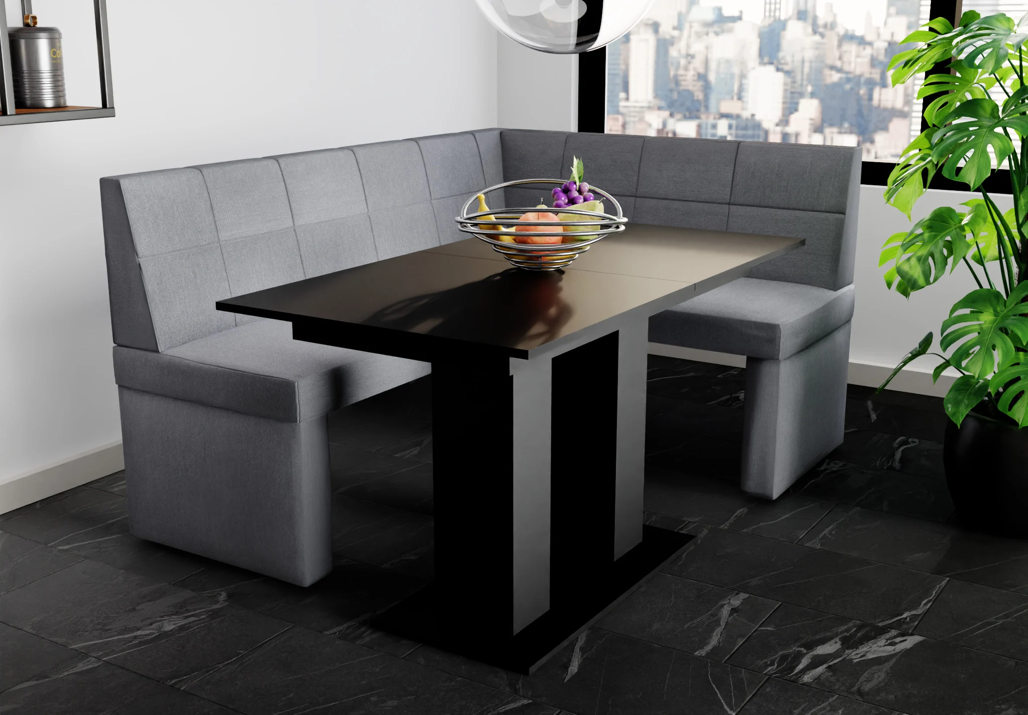 Eckbankgruppe 196x142 cm BLAKE XL L Stoff Soro Grau / Esstisch DANTE Schwarz - Fun Möbel