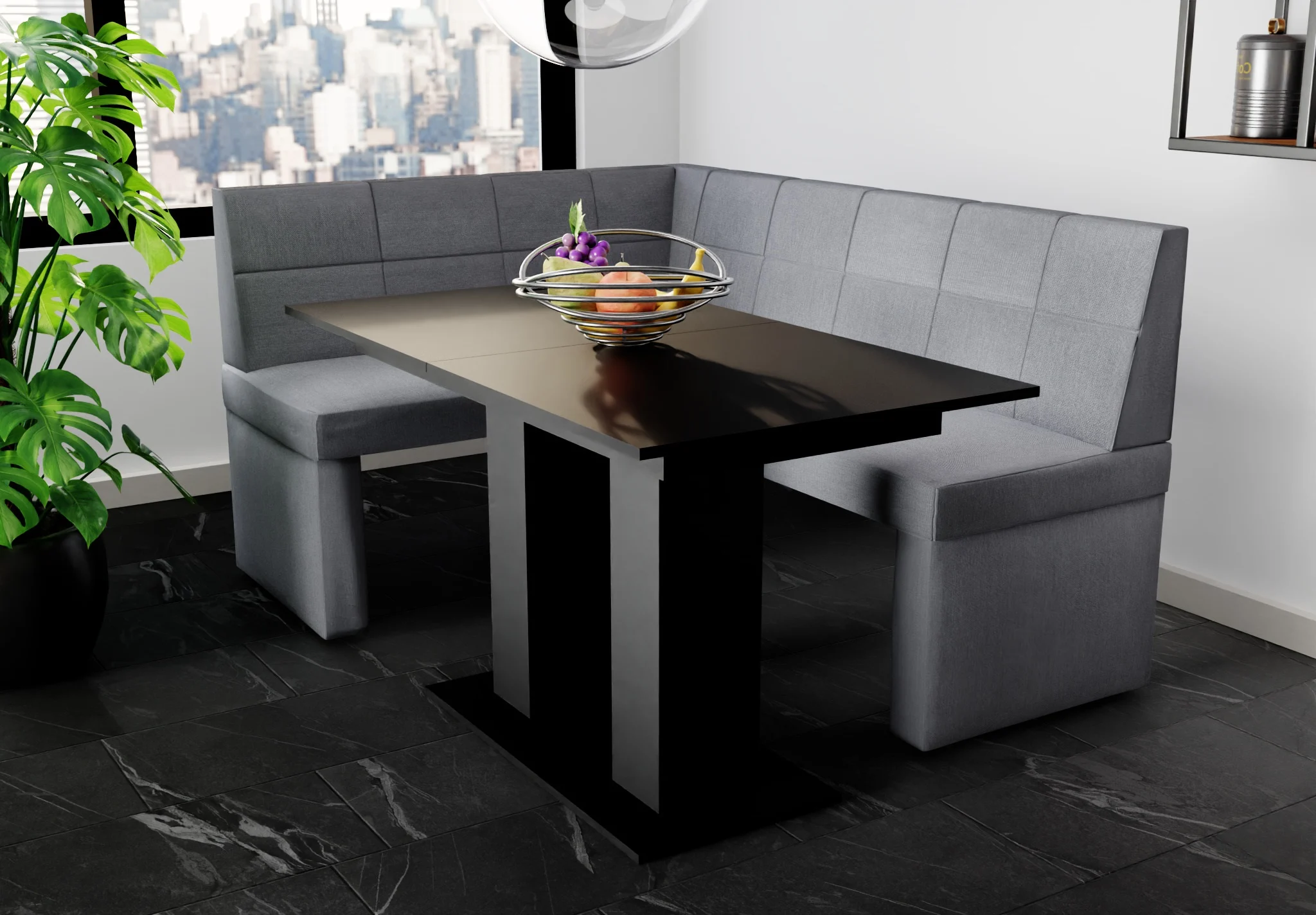 Eckbankgruppe 196x142 cm BLAKE XL R Stoff Soro Grau / Esstisch DANTE Schwarz - Fun Möbel