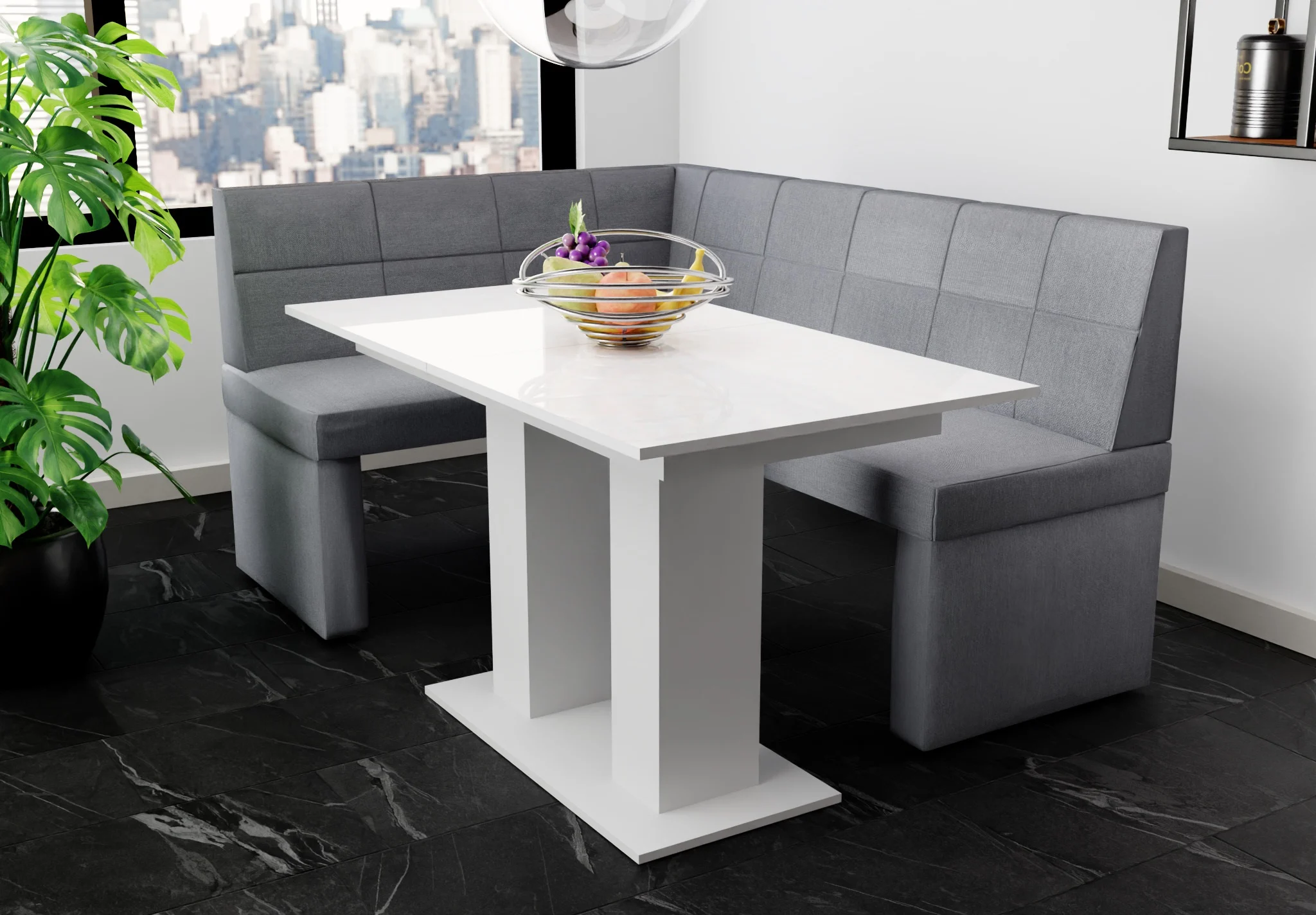 Eckbankgruppe 196x142 cm BLAKE XL R Stoff Soro Grau / Esstisch DANTE Weiß HGL - Fun Möbel