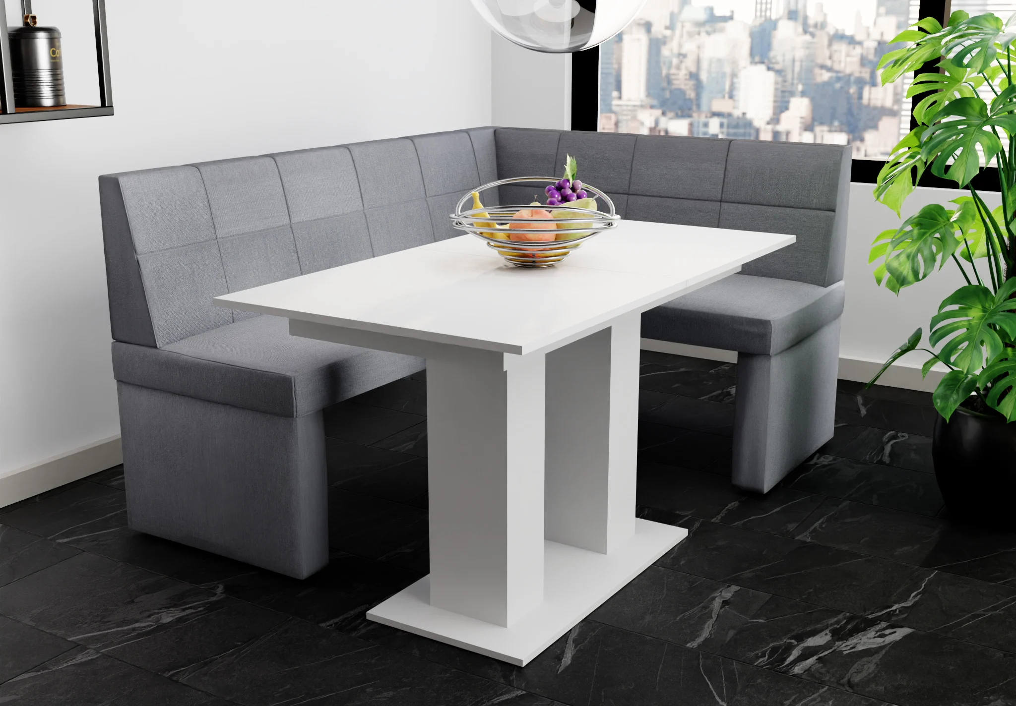 Eckbankgruppe 196x142 cm BLAKE XL L Stoff Soro Grau / Esstisch DANTE Weiß - Fun Möbel