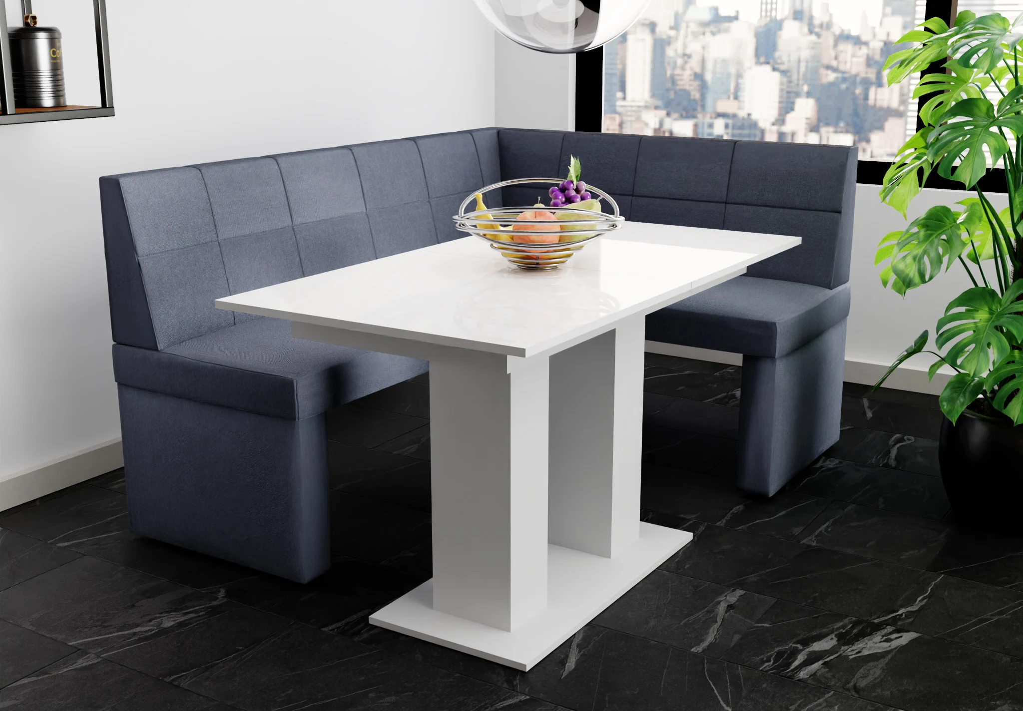 Eckbankgruppe 196x142 cm BLAKE XL L Stoff Soro Dunkelgrau/ Esstisch DANTE Weiß HGL - Fun Möbel