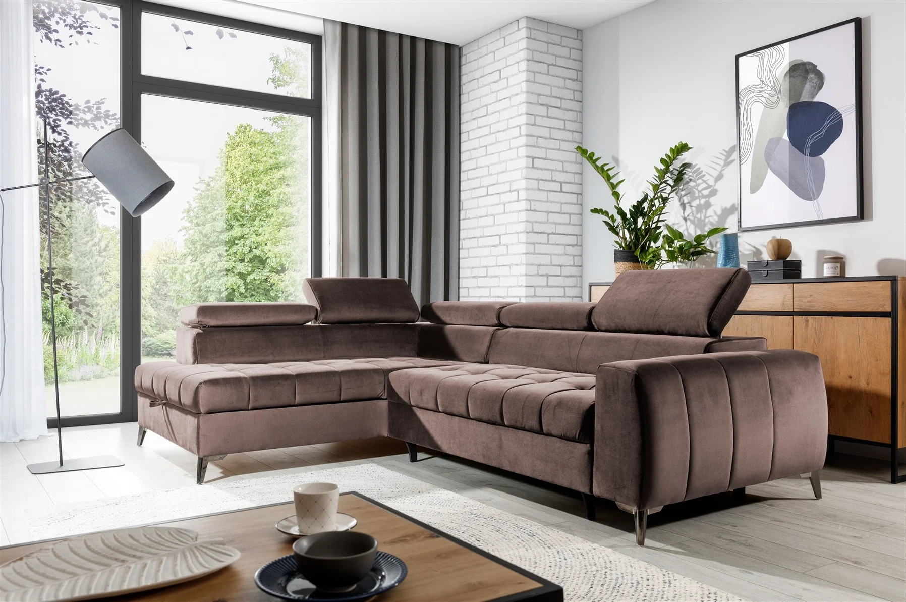 Ecksofa Schlafsofa Sofa AGNESA Stoff Salvador Braun Ottomane Links - Fun Moebel