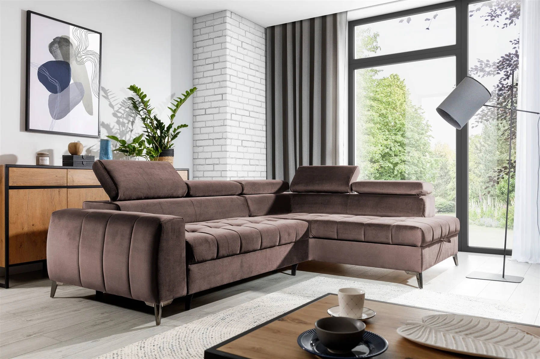 Ecksofa Schlafsofa Sofa AGNESA Stoff Salvador Braun Ottomane Rechts - Fun Moebel
