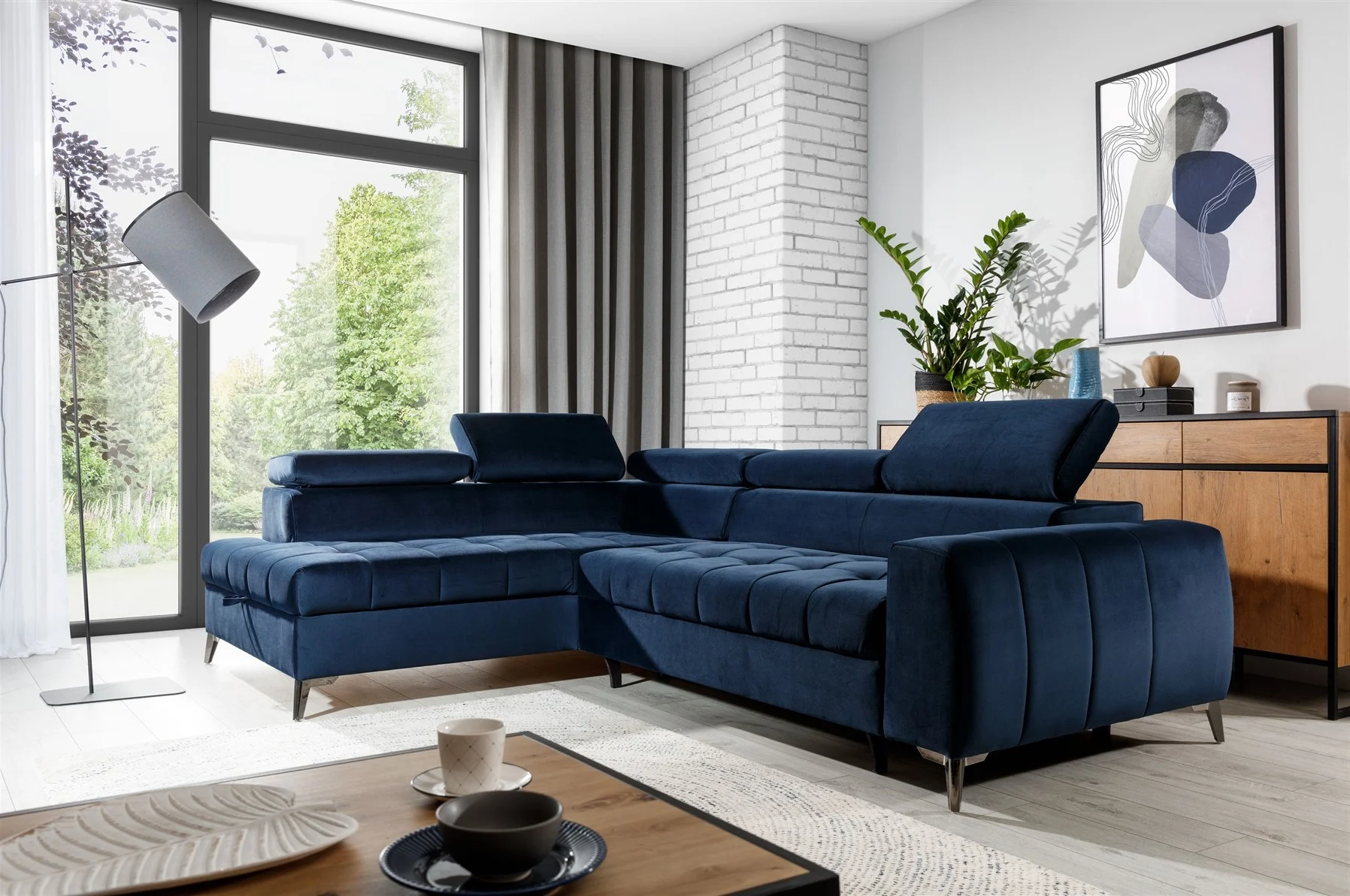 Ecksofa Schlafsofa Sofa AGNESA Stoff Salvador Dunkelblau Ottomane Links - Fun Moebel