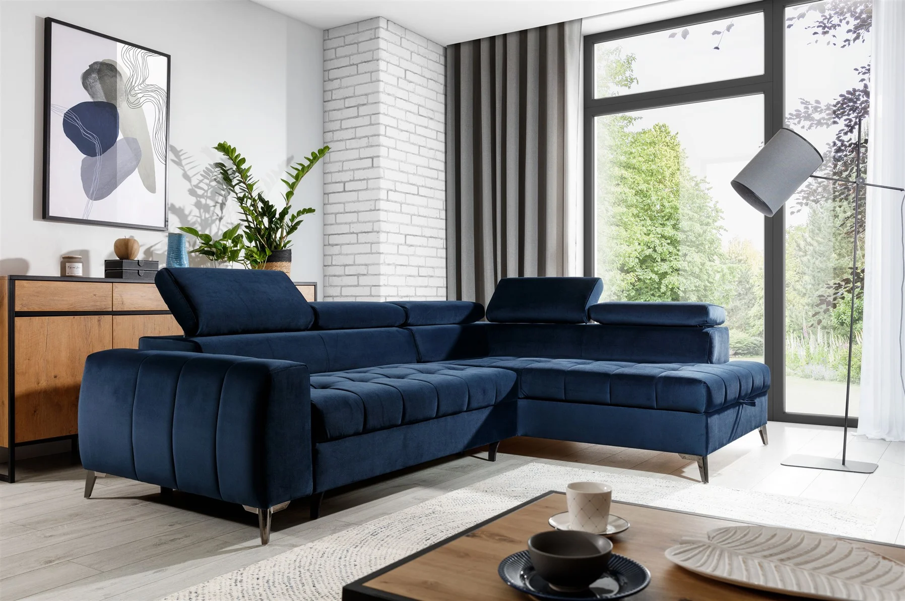 Ecksofa Schlafsofa Sofa AGNESA Stoff Salvador Dunkelblau Ottomane Rechts - Fun Moebel