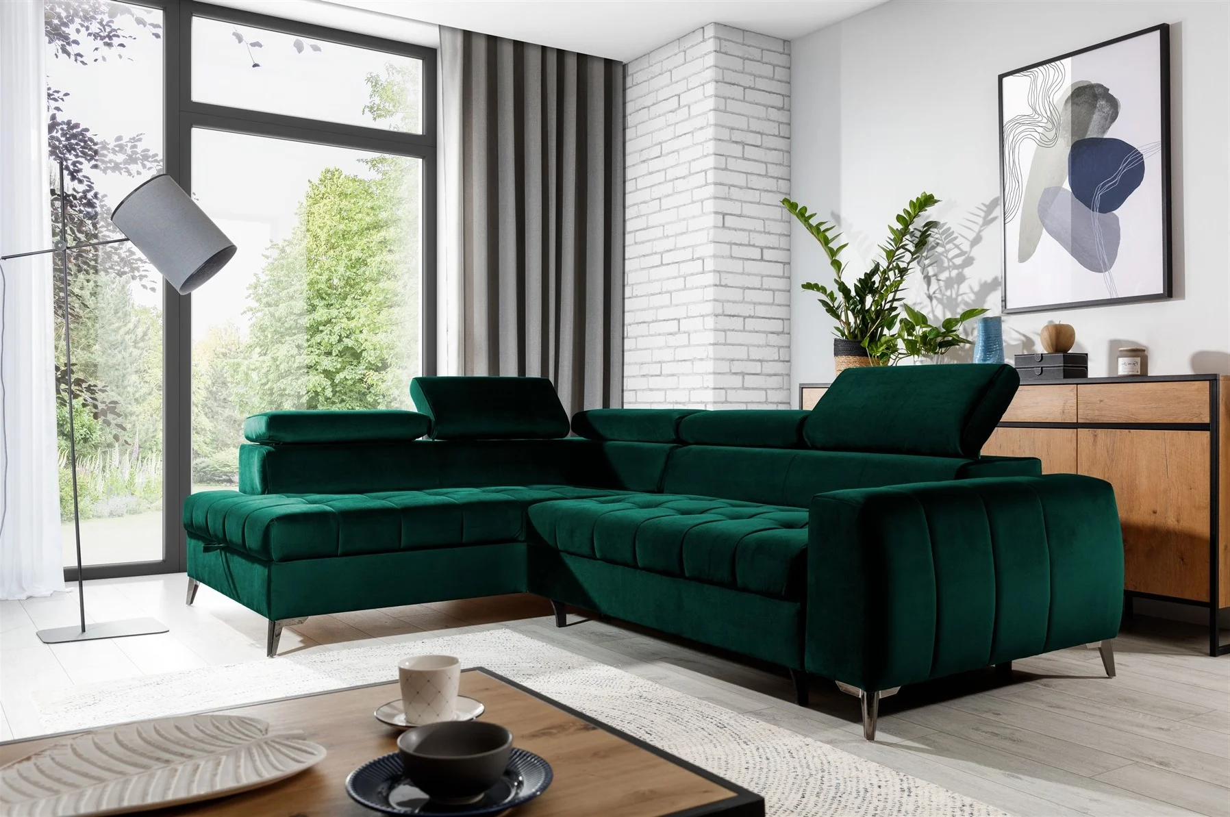 Ecksofa Schlafsofa Sofa AGNESA Stoff Salvador Dunkelgrün Ottomane Links - Fun Moebel