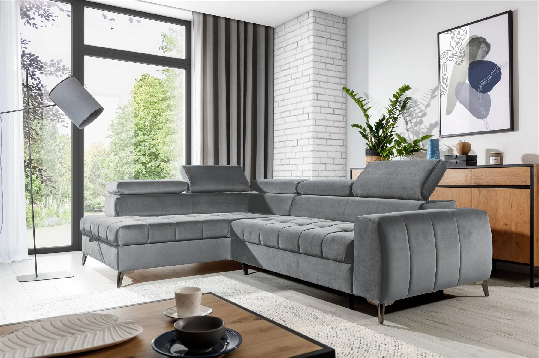 Ecksofa Schlafsofa Sofa AGNESA Stoff Salvador Grau Ottomane Links - Fun Moebel