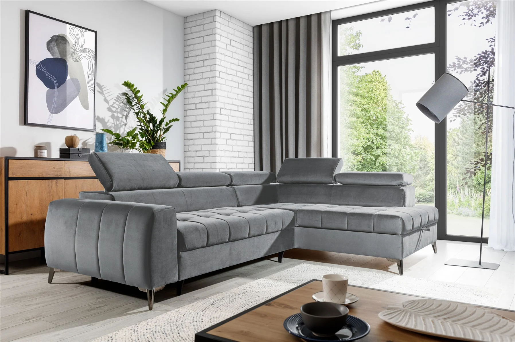 Ecksofa Schlafsofa Sofa AGNESA Stoff Salvador Grau Ottomane Rechts - Fun Moebel
