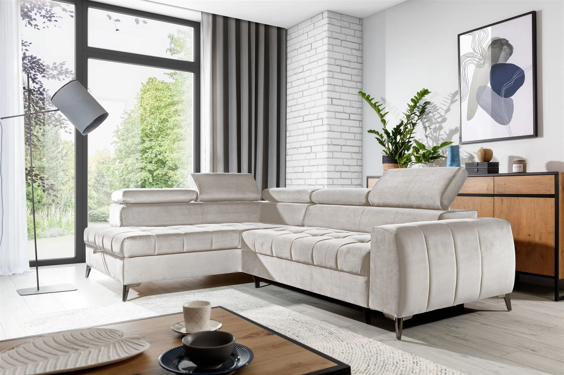Ecksofa Schlafsofa Sofa AGNESA Stoff Salvador Hellbeige Ottomane Links - Fun Moebel