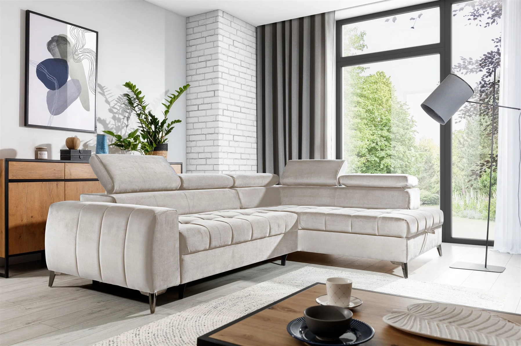 Ecksofa Schlafsofa Sofa AGNESA Stoff Salvador Hellbeige Ottomane Rechts - Fun Moebel