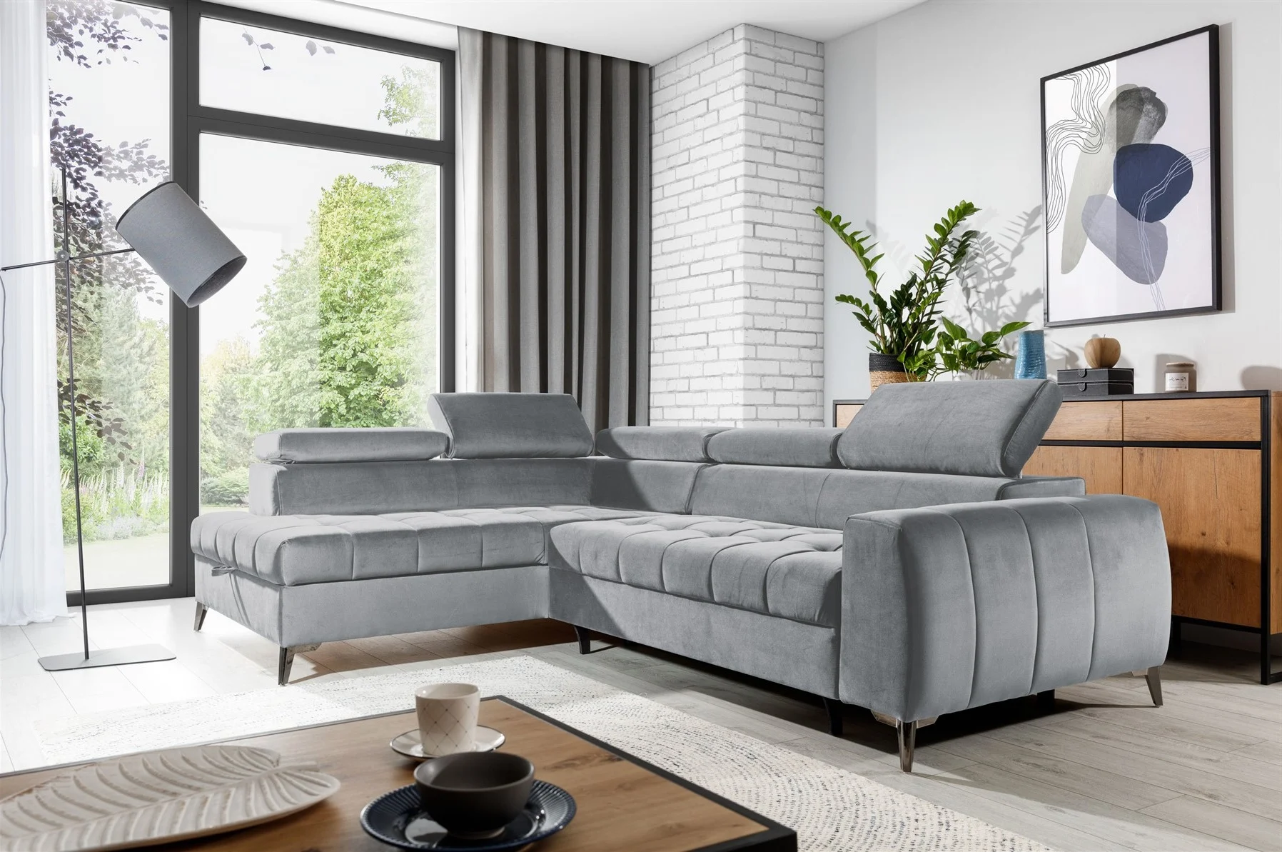 Ecksofa Schlafsofa Sofa AGNESA Stoff Salvador Hellgrau Ottomane Links - Fun Moebel