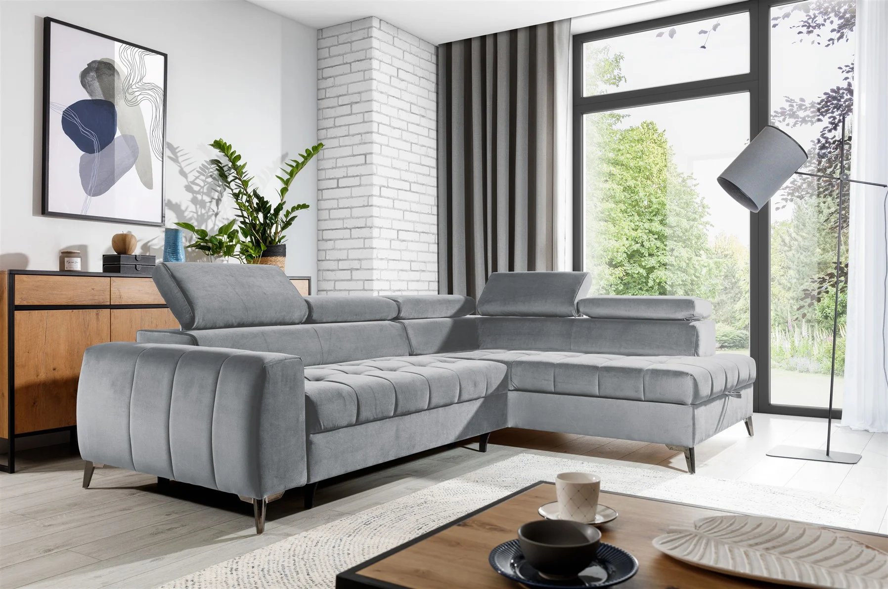 Ecksofa Schlafsofa Sofa AGNESA Stoff Salvador Hellgrau Ottomane Rechts - Fun Moebel