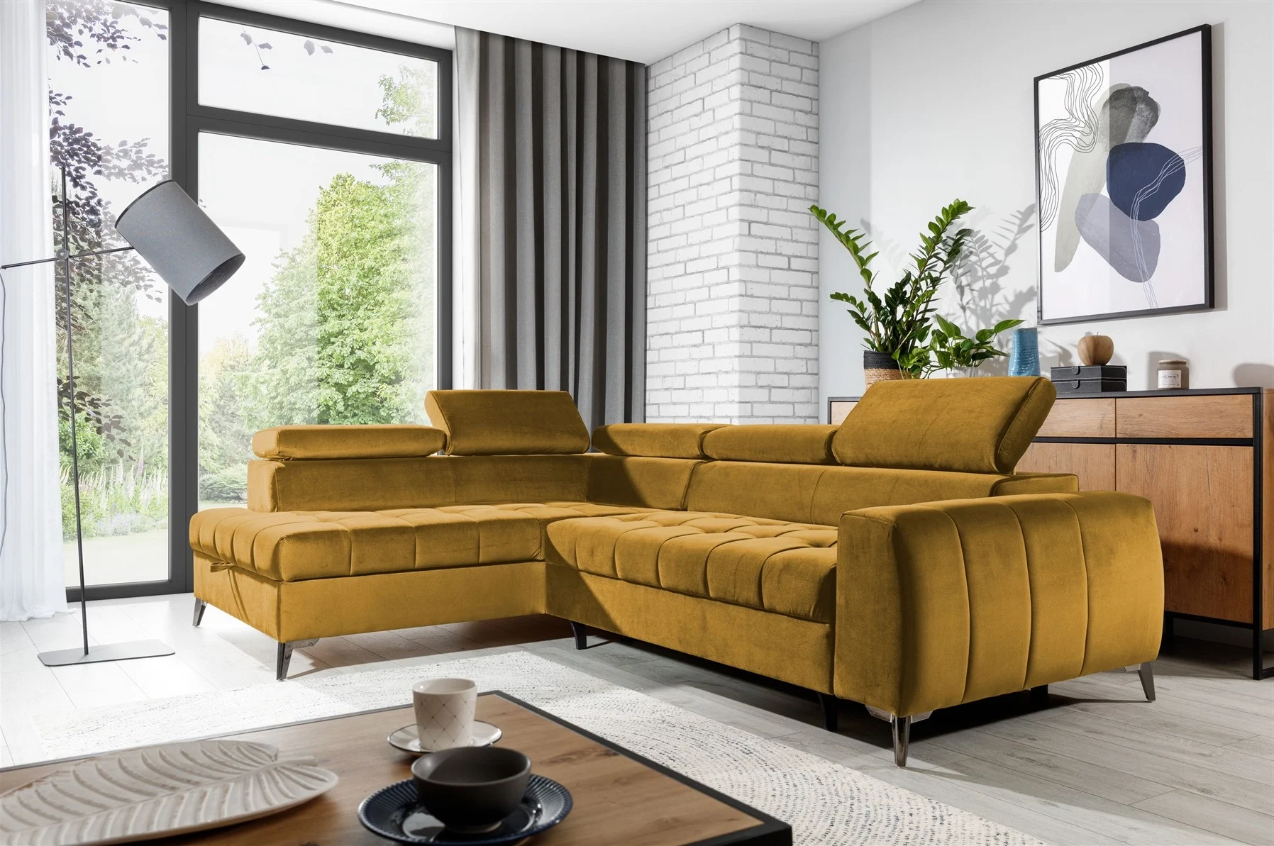 Ecksofa Schlafsofa Sofa AGNESA Stoff Salvador Honiggelb Ottomane Links - Fun Moebel