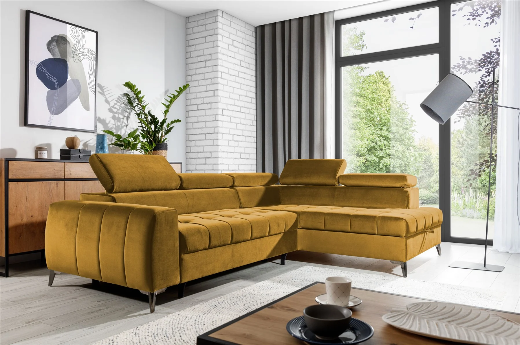 Ecksofa Schlafsofa Sofa AGNESA Stoff Salvador Honiggelb Ottomane Rechts - Fun Moebel