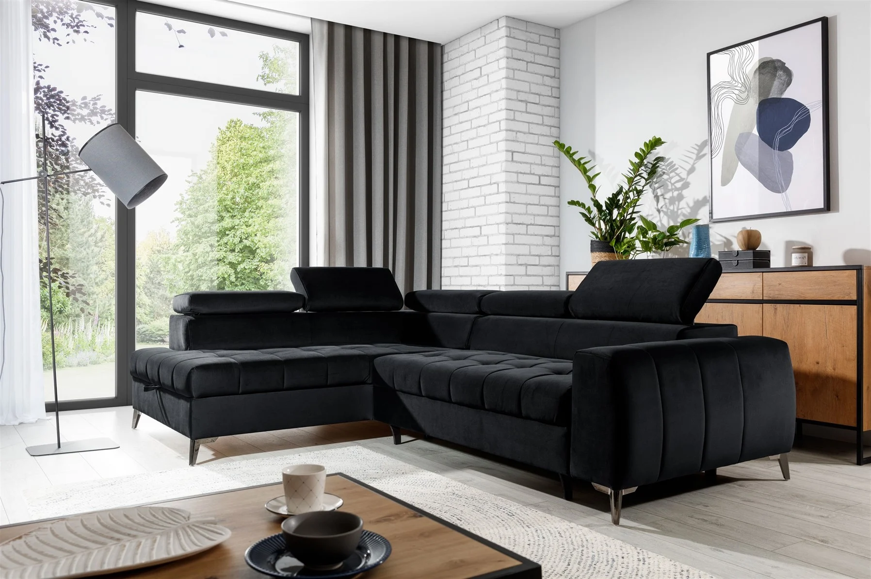 Ecksofa Schlafsofa Sofa AGNESA Stoff Salvador Schwarz Ottomane Links - Fun Moebel