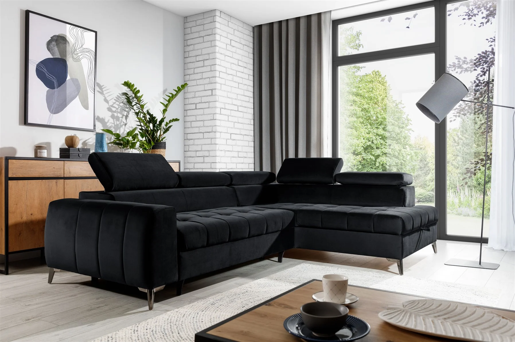 Ecksofa Schlafsofa Sofa AGNESA Stoff Salvador Schwarz Ottomane Rechts - Fun Moebel