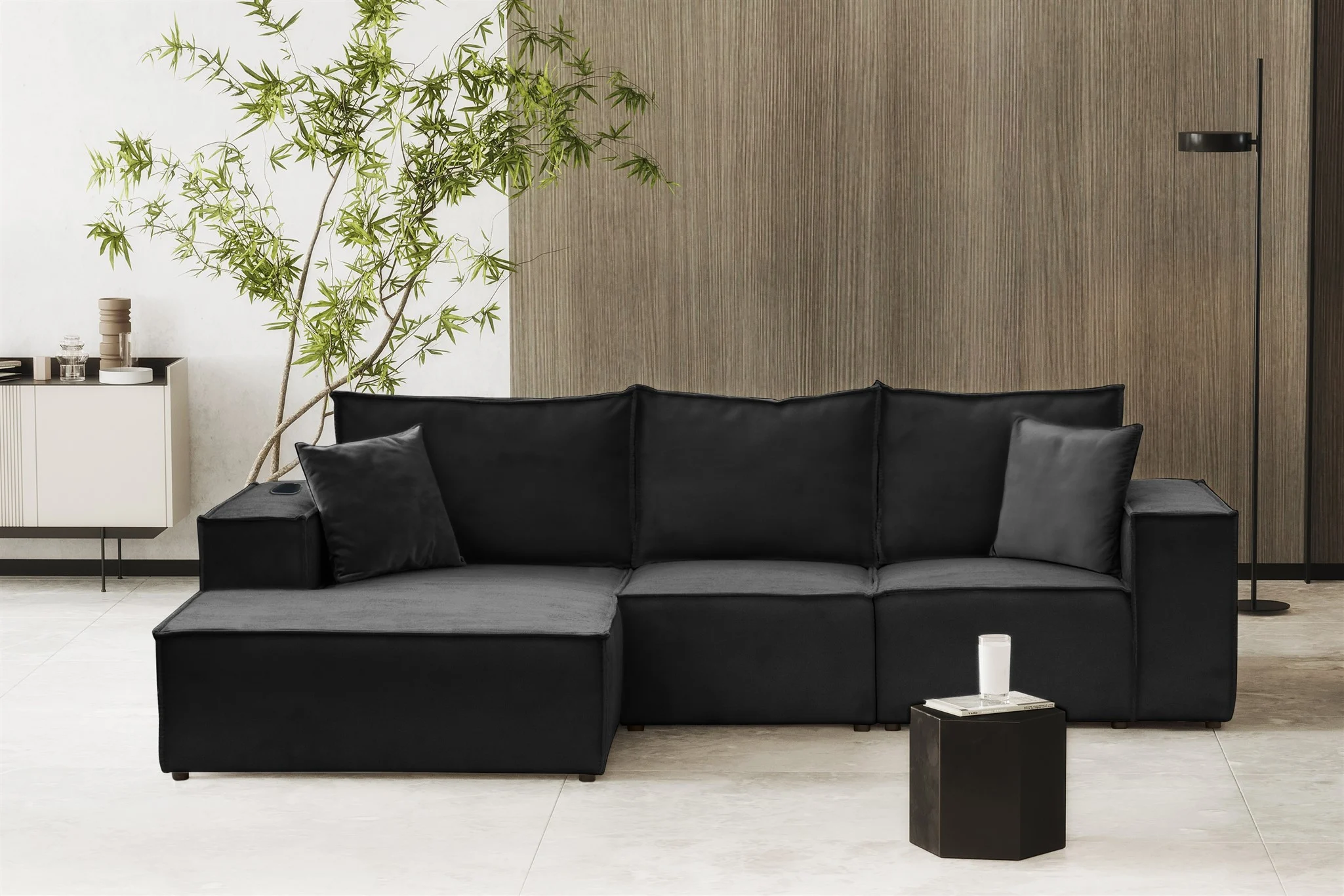 Ecksofa Sofa ALVARO inkl. QI Ladegerät Stoff Opera Velvet Schwarz Ottomane Links - Fun Möbel