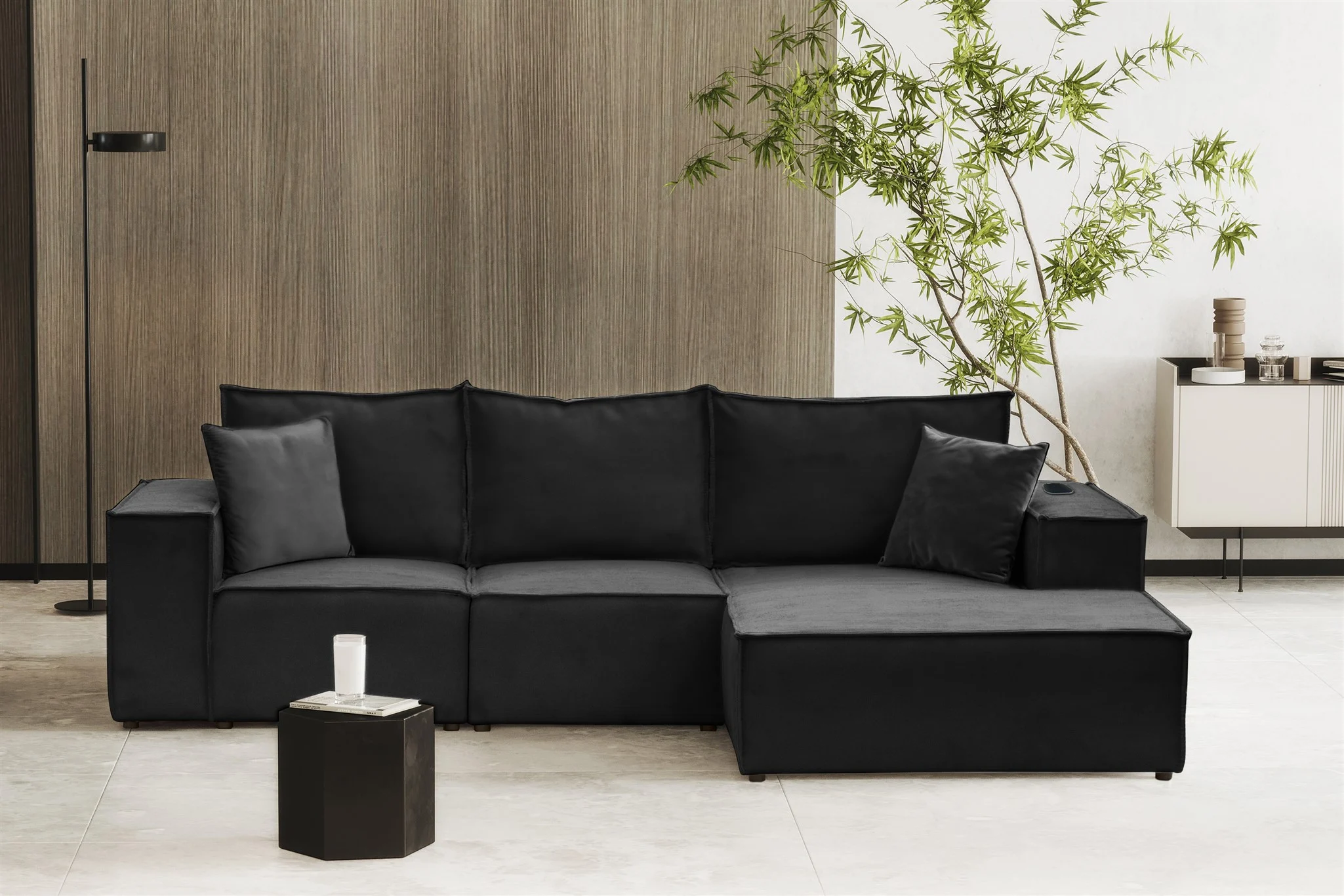 Ecksofa Sofa ALVARO inkl. QI Ladegerät Stoff Opera Velvet Schwarz Ottomane Rechts - Fun Möbel