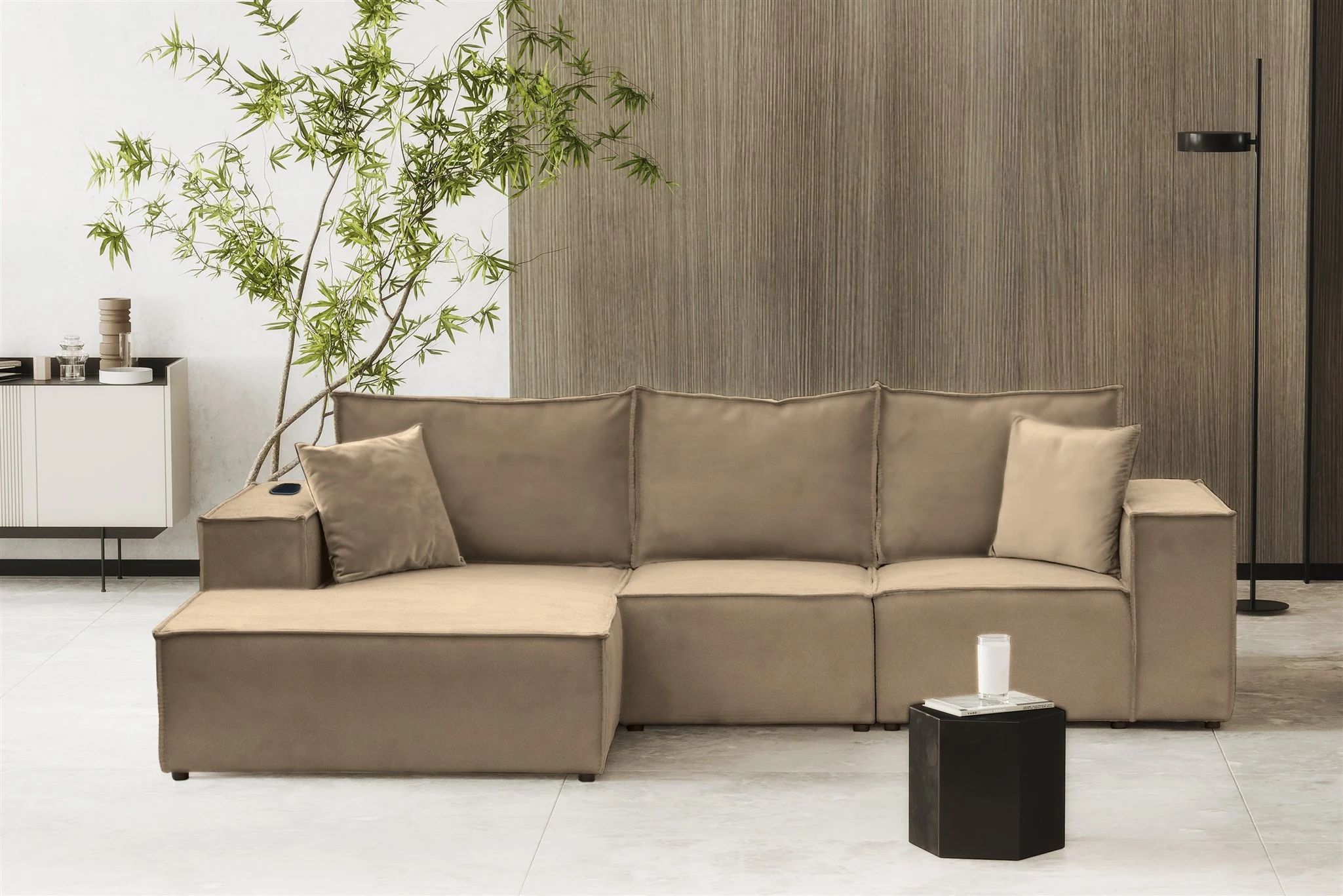 Ecksofa Sofa ALVARO inkl. QI Ladegerät Stoff Opera Velvet Sand Ottomane Links - Fun Möbel