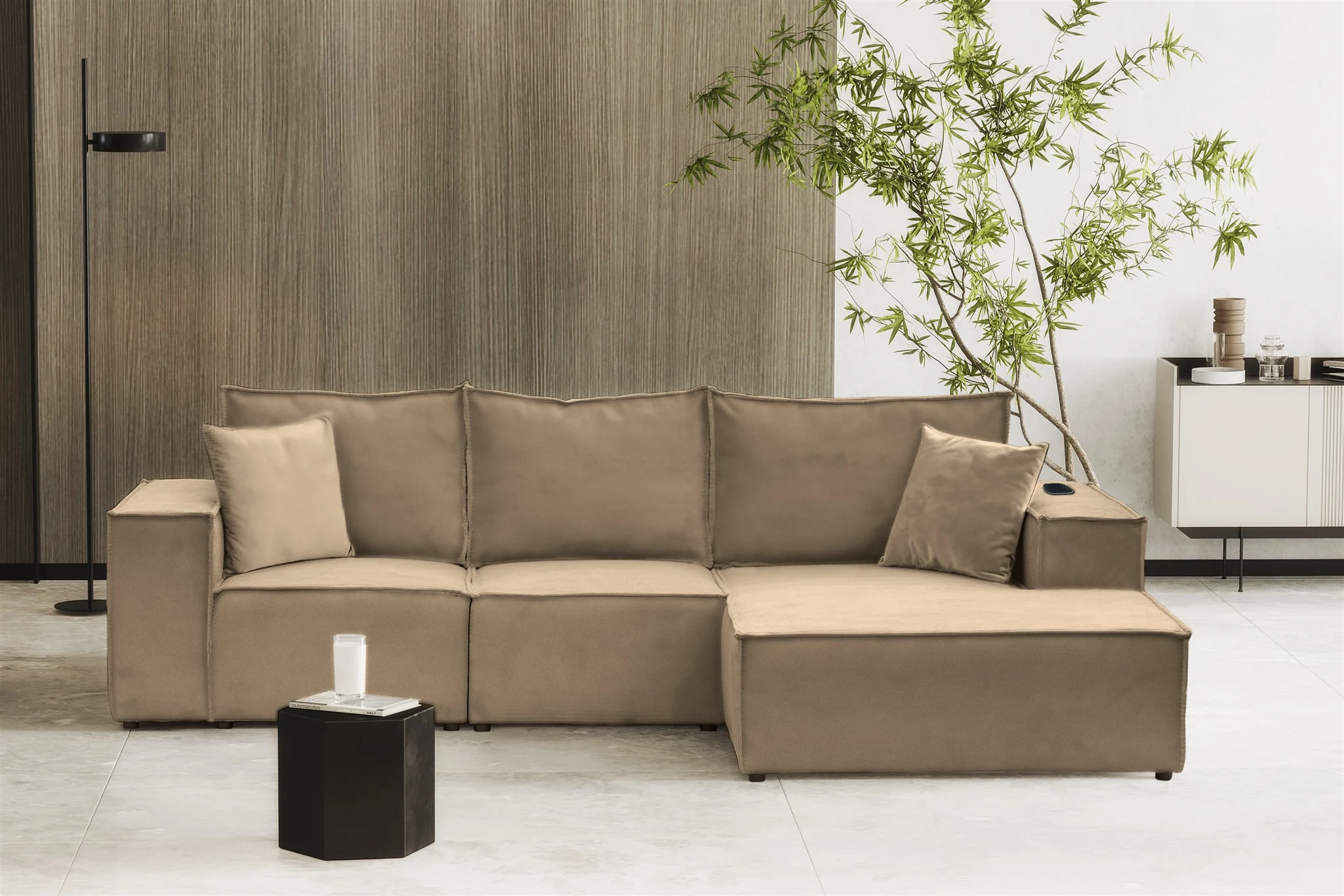 Ecksofa Sofa ALVARO inkl. QI Ladegerät Stoff Opera Velvet Sand Ottomane Rechts - Fun Möbel