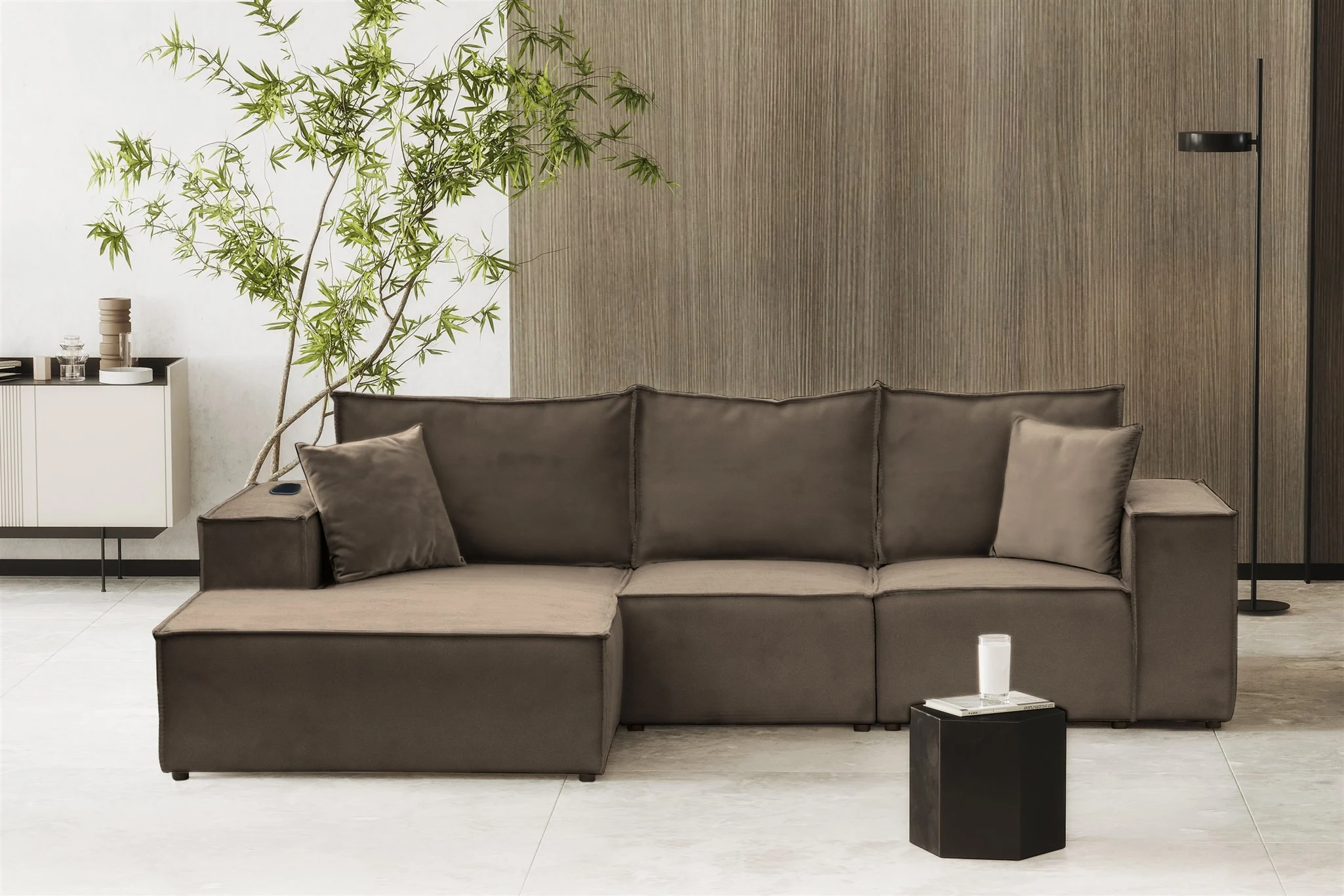 Ecksofa Sofa ALVARO inkl. QI Ladegerät Stoff Opera Velvet Braun Ottomane Links - Fun Möbel