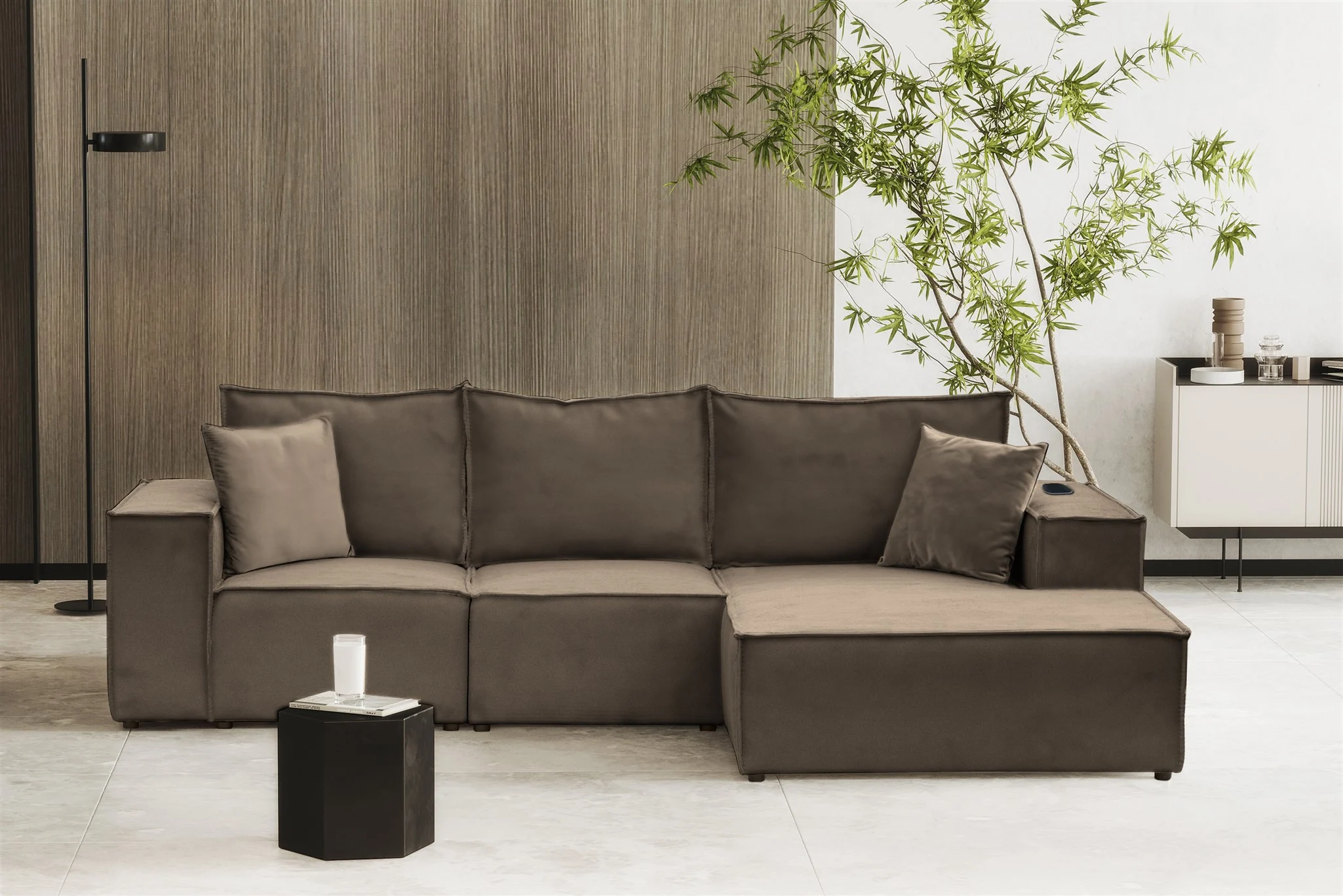 Ecksofa Sofa ALVARO inkl. QI Ladegerät Stoff Opera Velvet Braun Ottomane Rechts - Fun Möbel