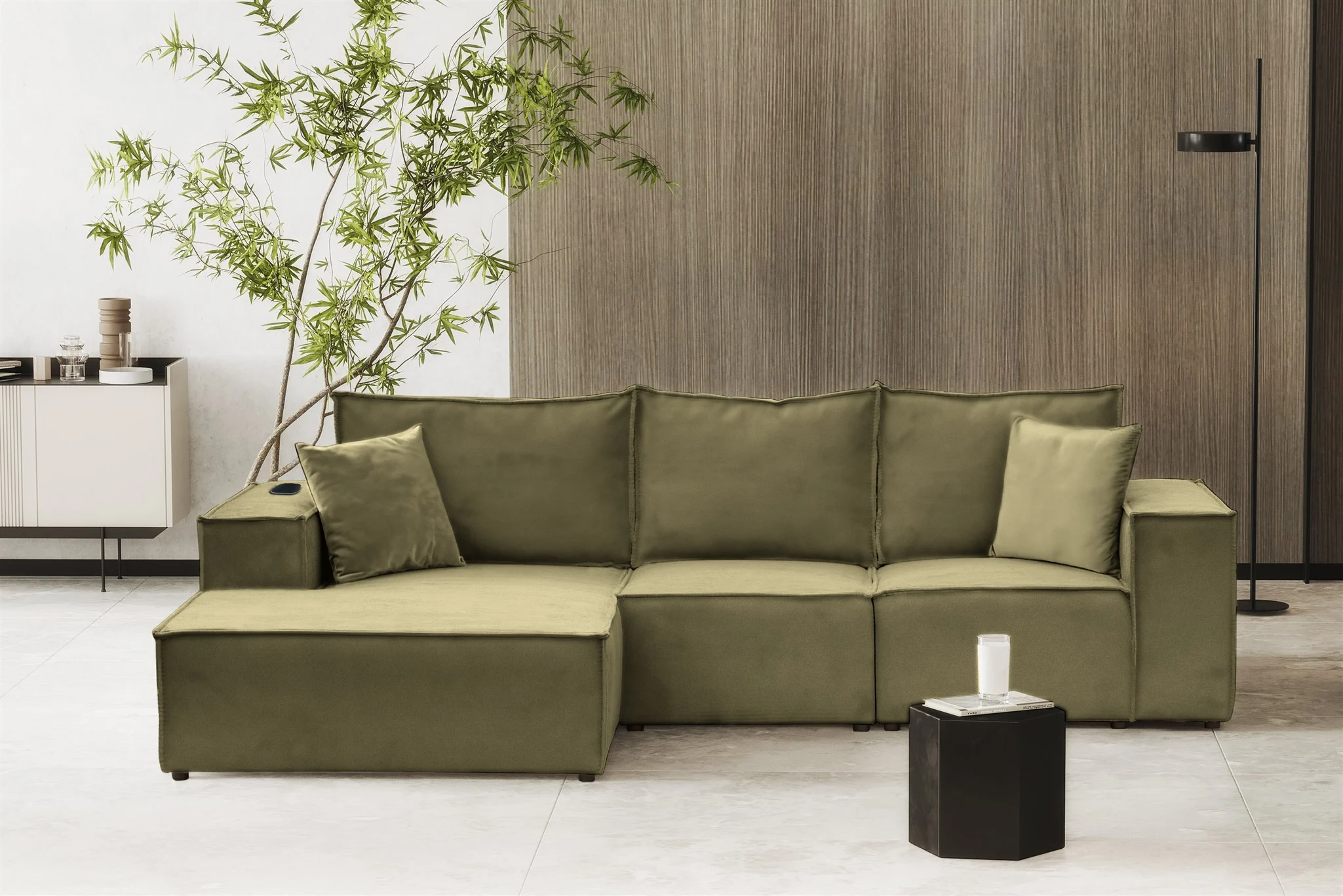 Ecksofa Sofa ALVARO inkl. QI Ladegerät Stoff Opera Velvet Olivgrün Ottomane Links - Fun Möbel