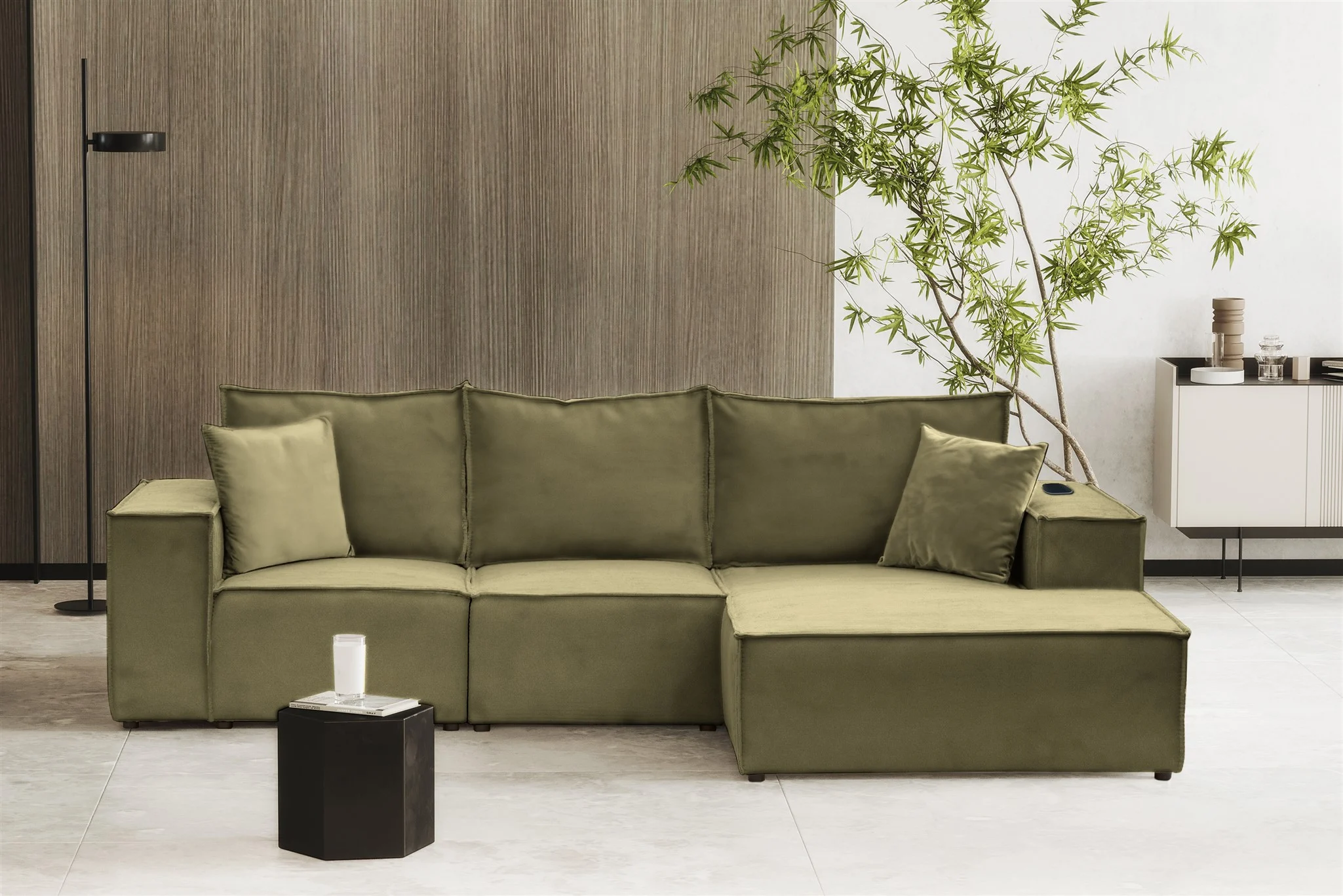 Ecksofa Sofa ALVARO inkl. QI Ladegerät Stoff Opera Velvet Olivgrün Ottomane Rechts - Fun Möbel