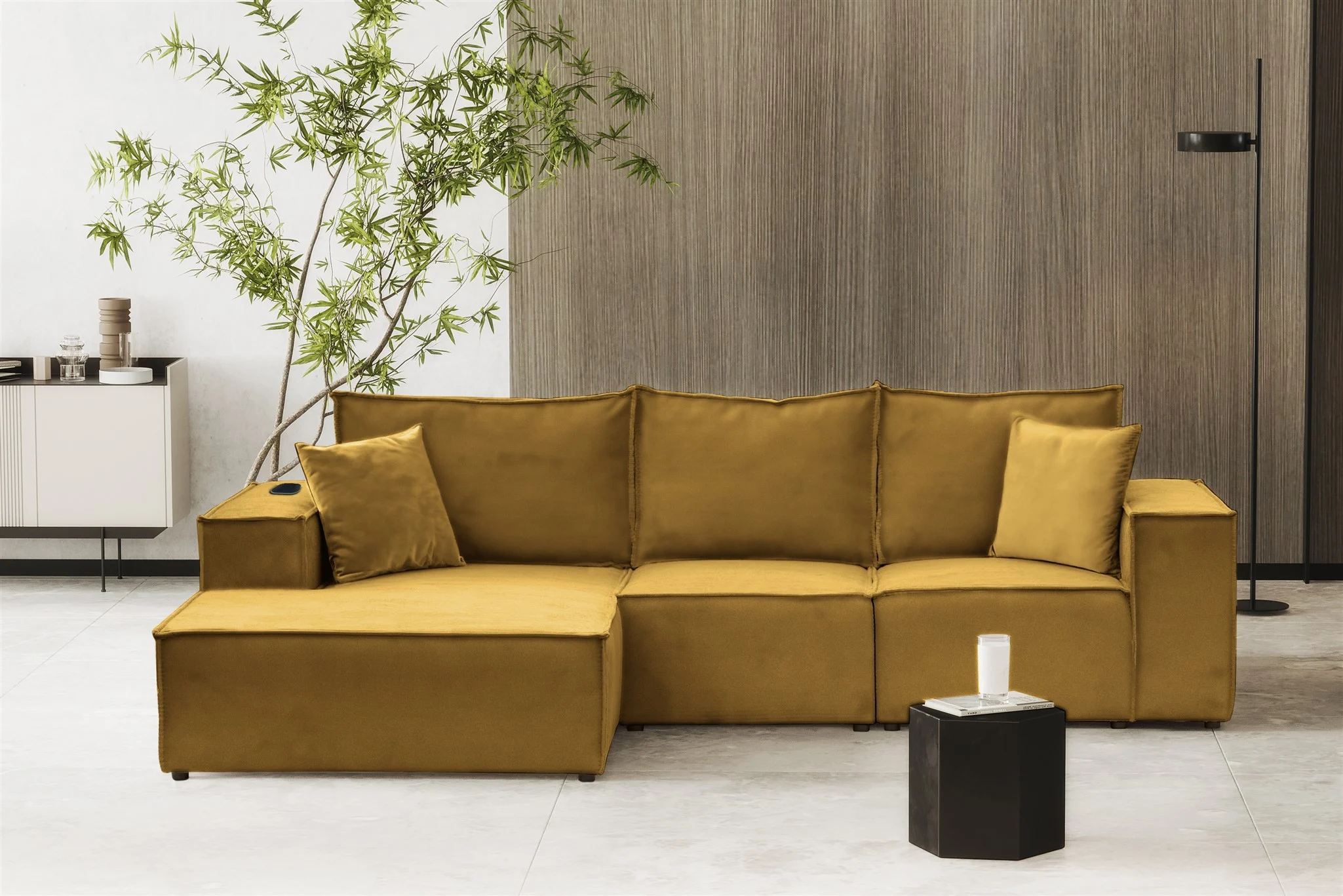Ecksofa Sofa ALVARO inkl. QI Ladegerät Stoff Opera Velvet Goldgelb Ottomane Links - Fun Möbel