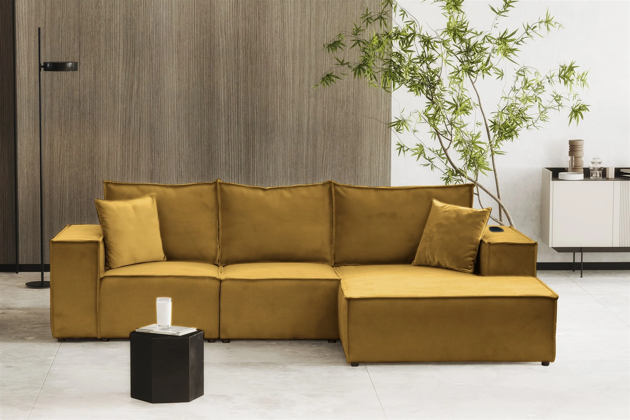 Ecksofa Sofa ALVARO inkl. QI Ladegerät Stoff Opera Velvet Goldgelb Ottomane Rechts - Fun Möbel