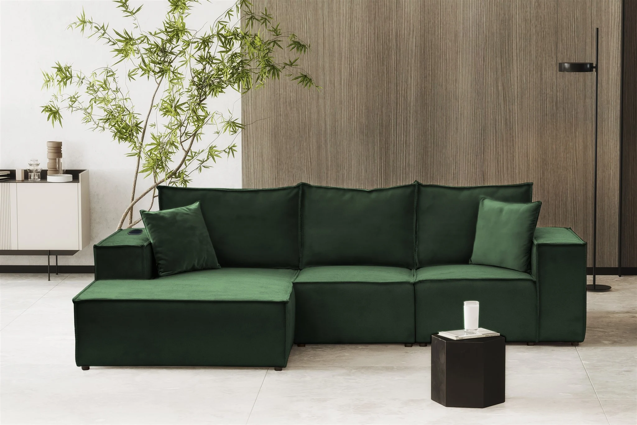 Ecksofa Sofa ALVARO inkl. QI Ladegerät Stoff Opera Velvet Grün Ottomane Links - Fun Möbel