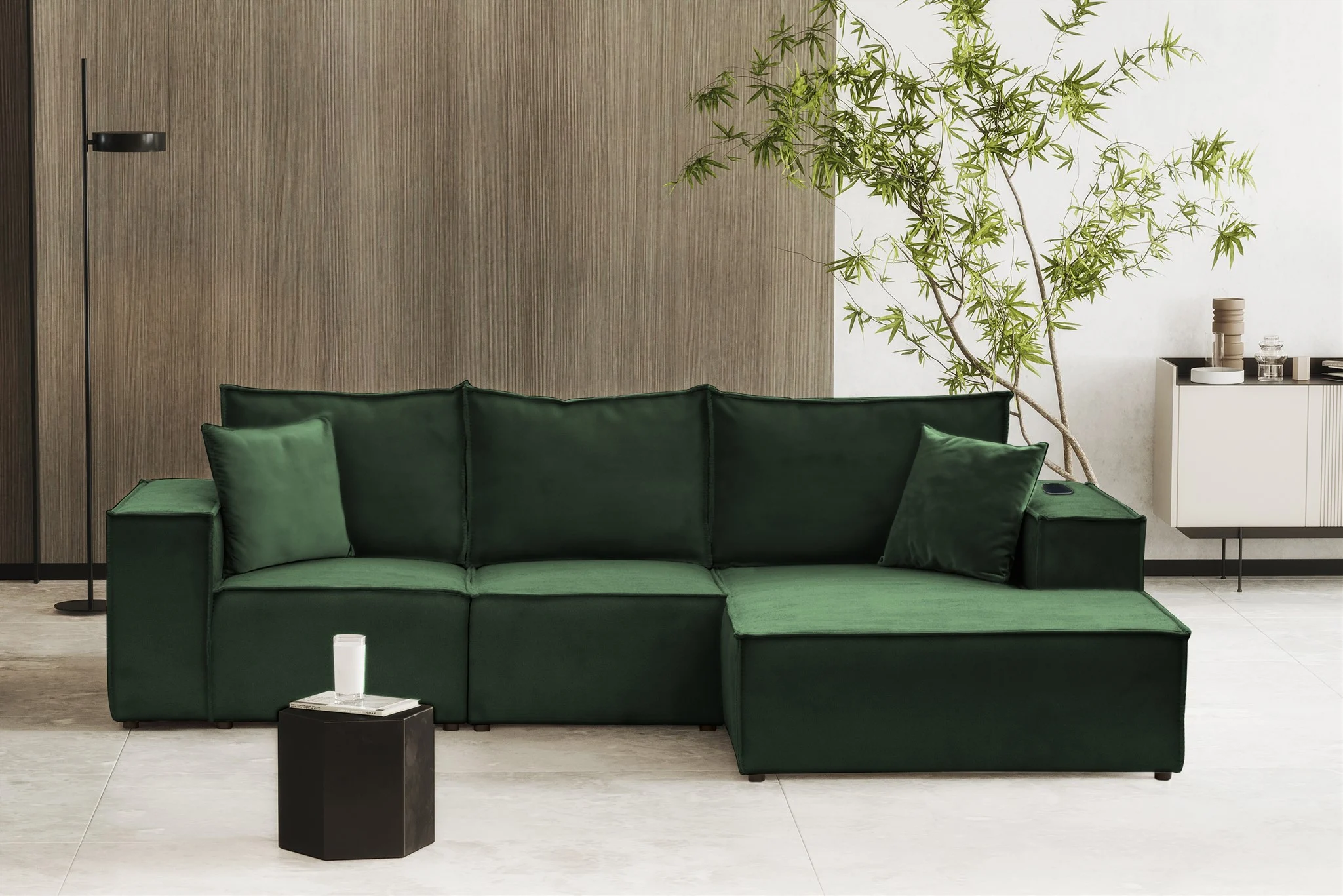 Ecksofa Sofa ALVARO inkl. QI Ladegerät Stoff Opera Velvet Grün Ottomane Rechts - Fun Möbel