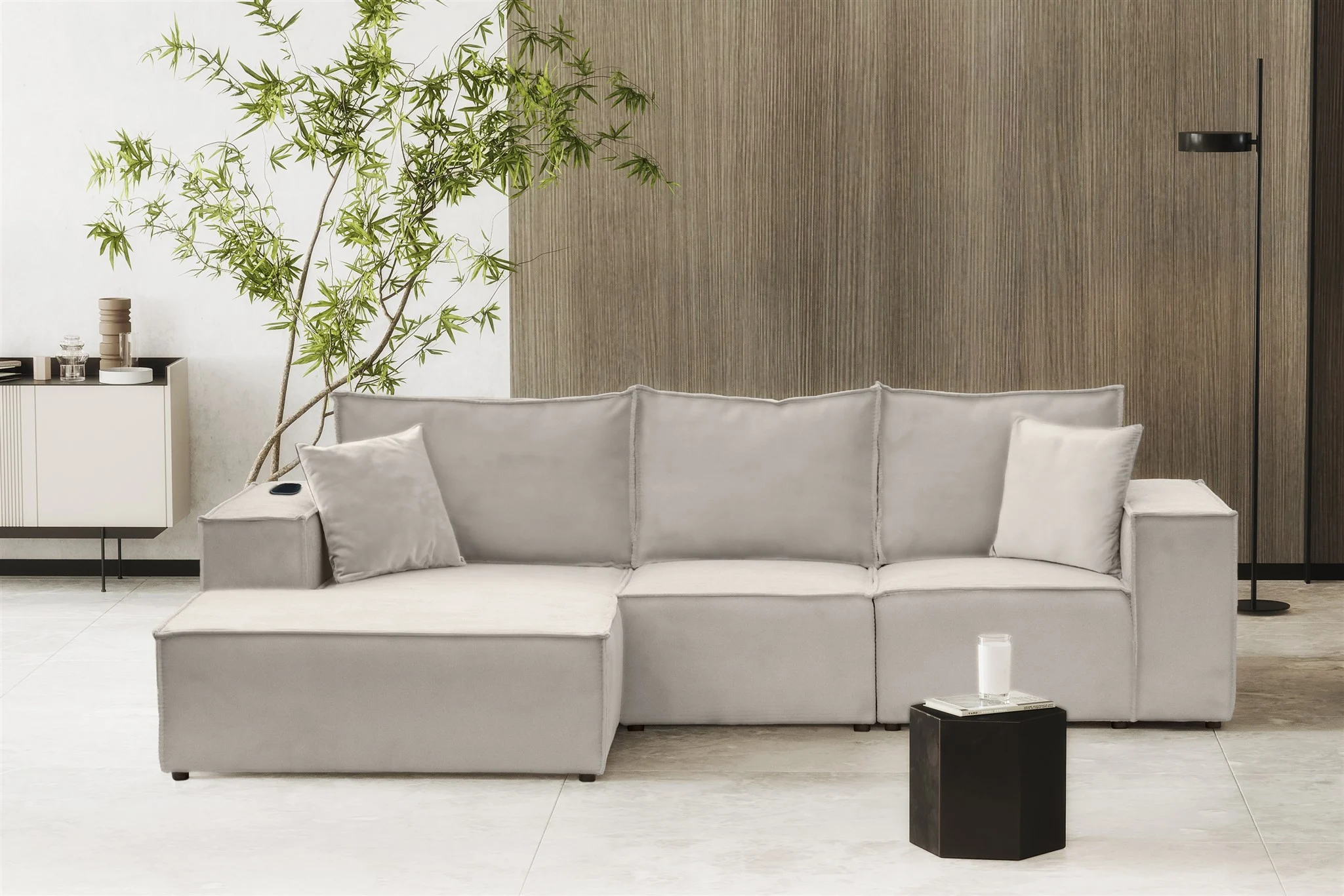 Ecksofa Sofa ALVARO inkl. QI Ladegerät Stoff Opera Velvet Pearl Ottomane Links - Fun Möbel