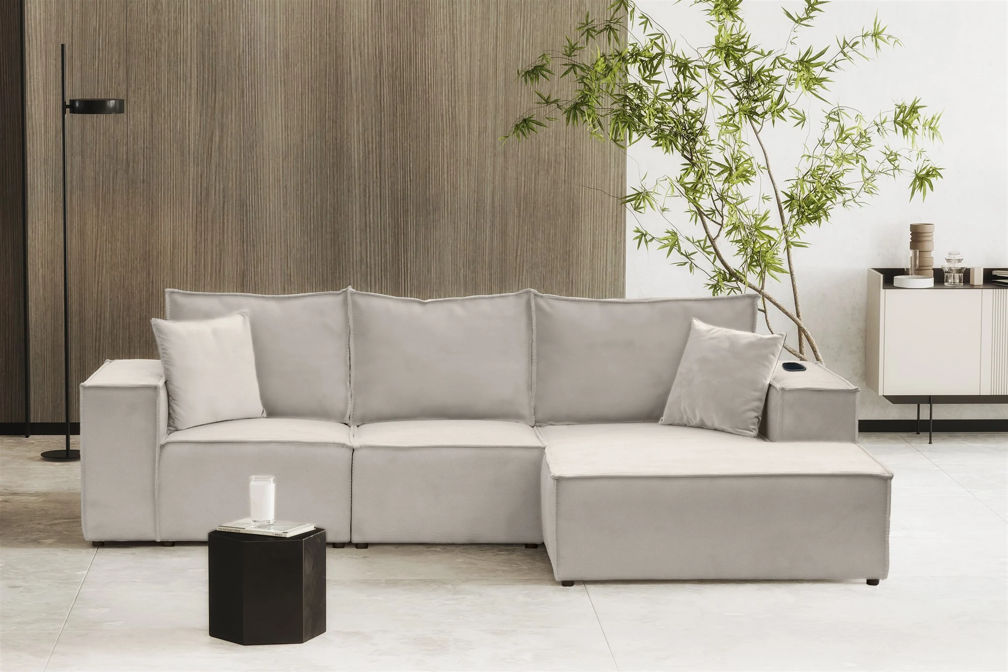 Ecksofa Sofa ALVARO inkl. QI Ladegerät Stoff Opera Velvet Pearl Ottomane Rechts - Fun Möbel